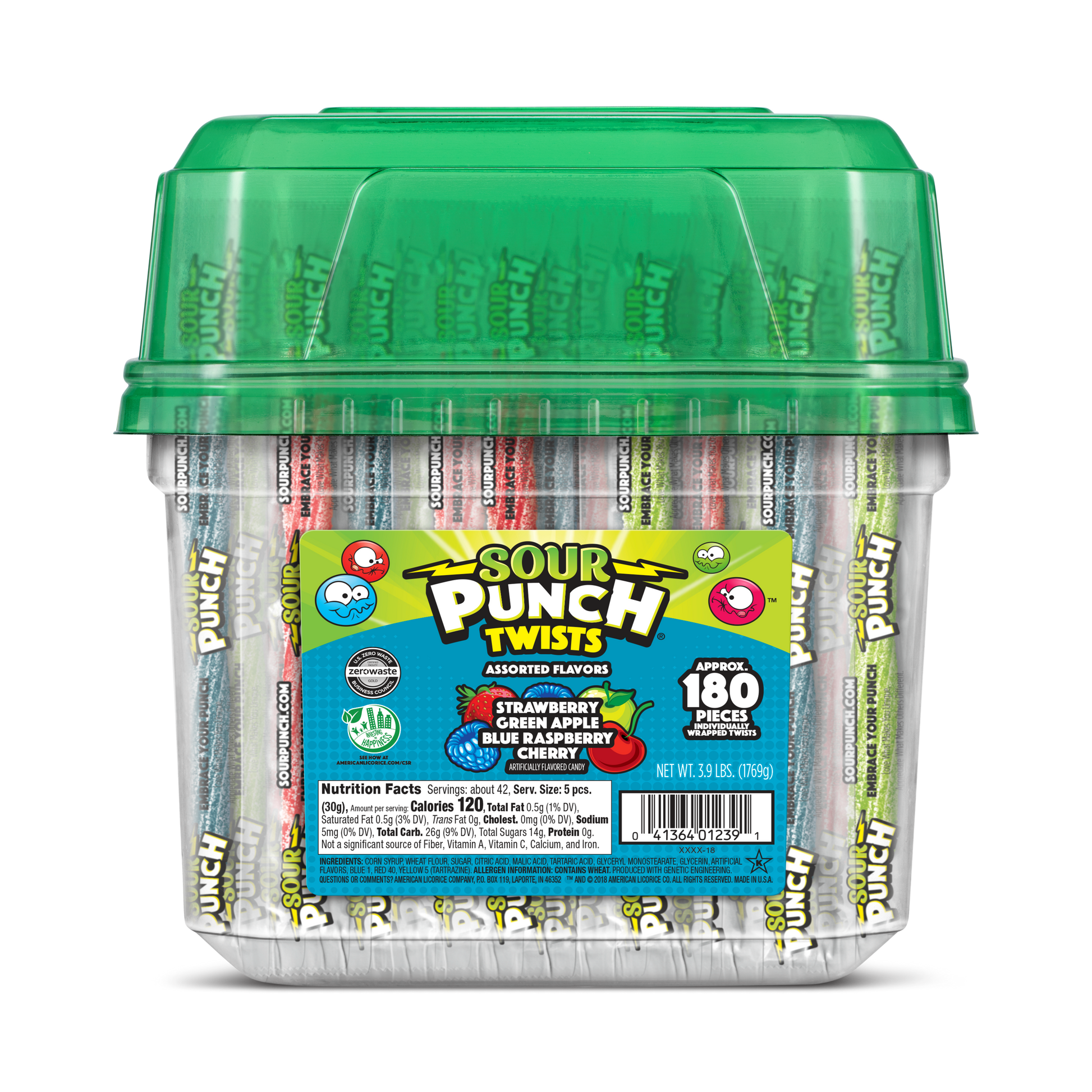 Sour Punch Twists Front of Tub - Sour Twist Candy - 6-inch Individually wrapped candy