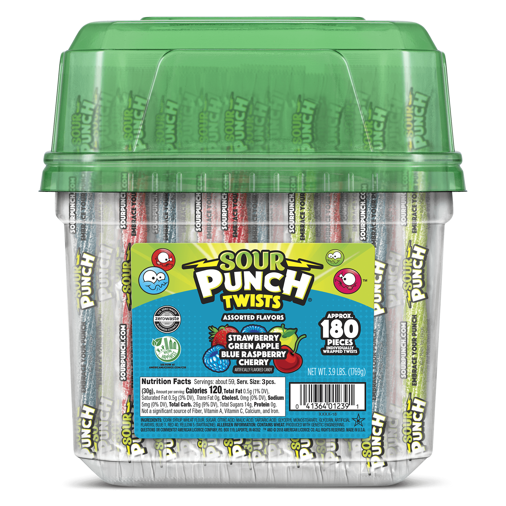 Sour Punch Twists Front of Tub - Sour Twist Candy - 6-inch Individually wrapped candy