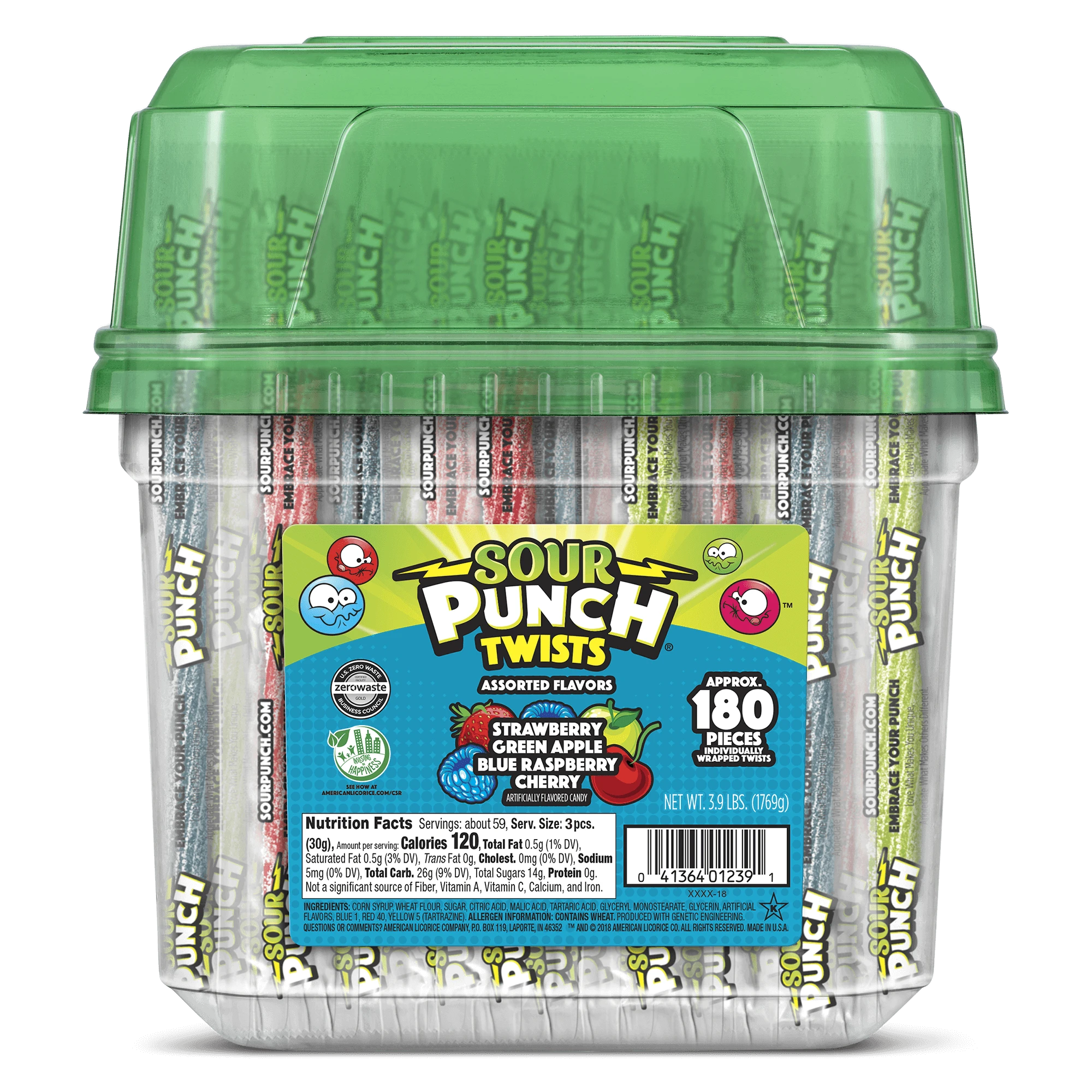 Sour Punch Twists Front of Tub - Sour Twist Candy - 6-inch Individually wrapped candy