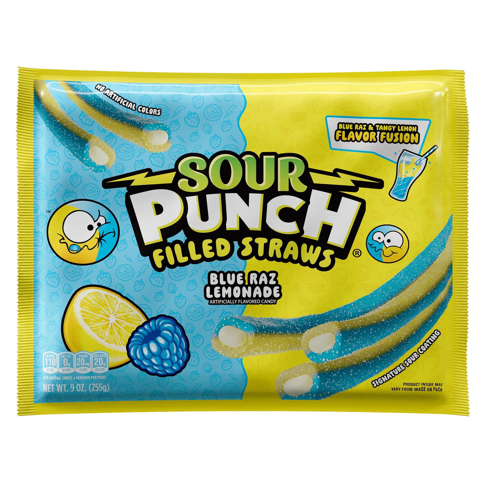 Front of Sour Punch Blue Raz Lemonade Filled Rope Candy 9oz Bag