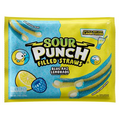 Front of Sour Punch Blue Raz Lemonade Filled Rope Candy 9oz Bag