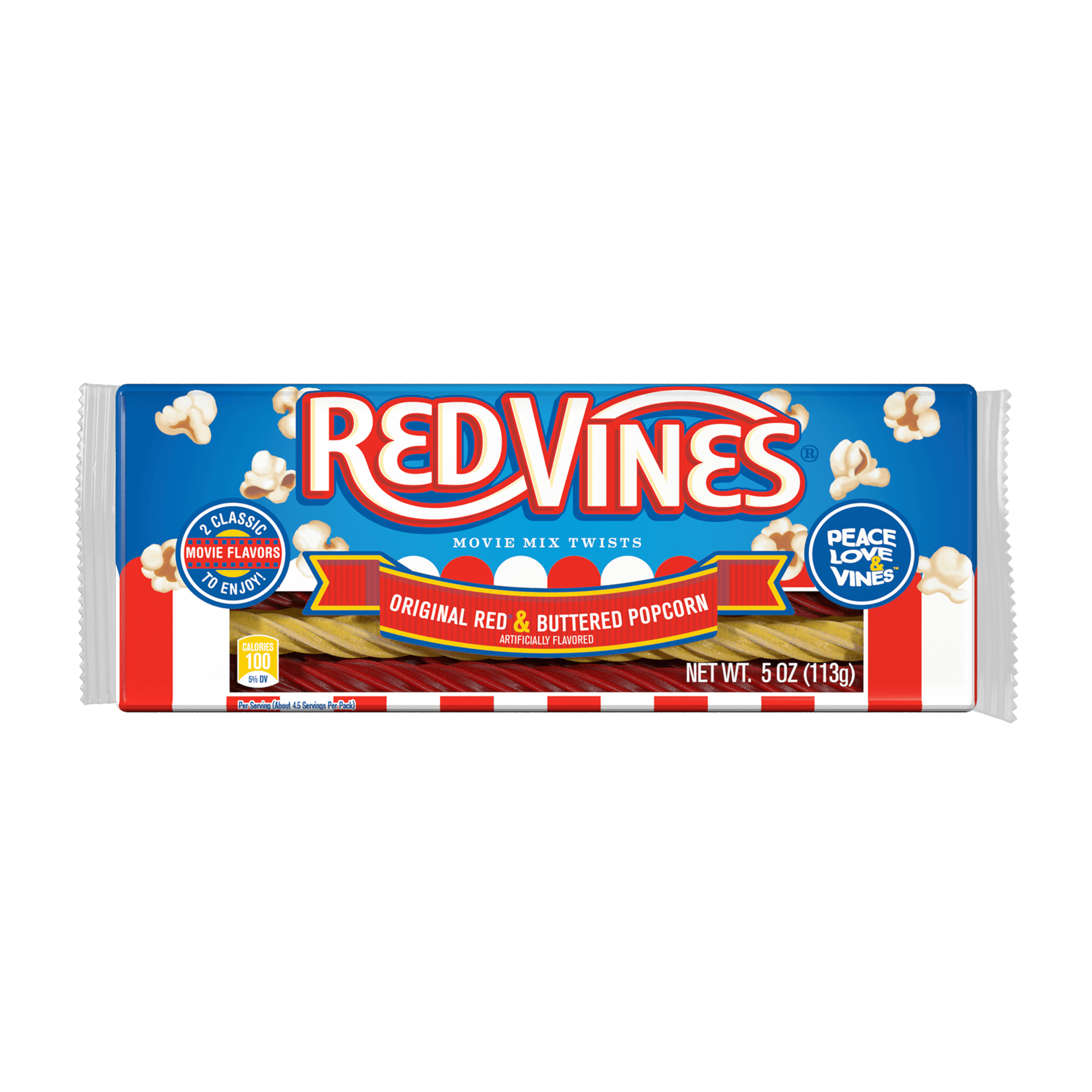 Front of Red Vines Buttered Popcorn & Original Red Twists 5oz Tray