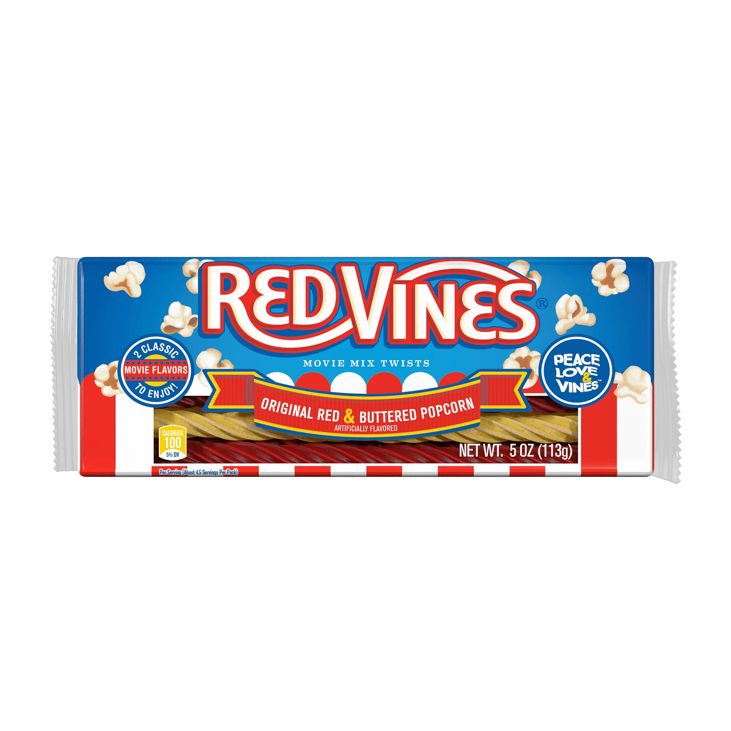 Front of Red Vines Buttered Popcorn & Original Red Twists 5oz Tray