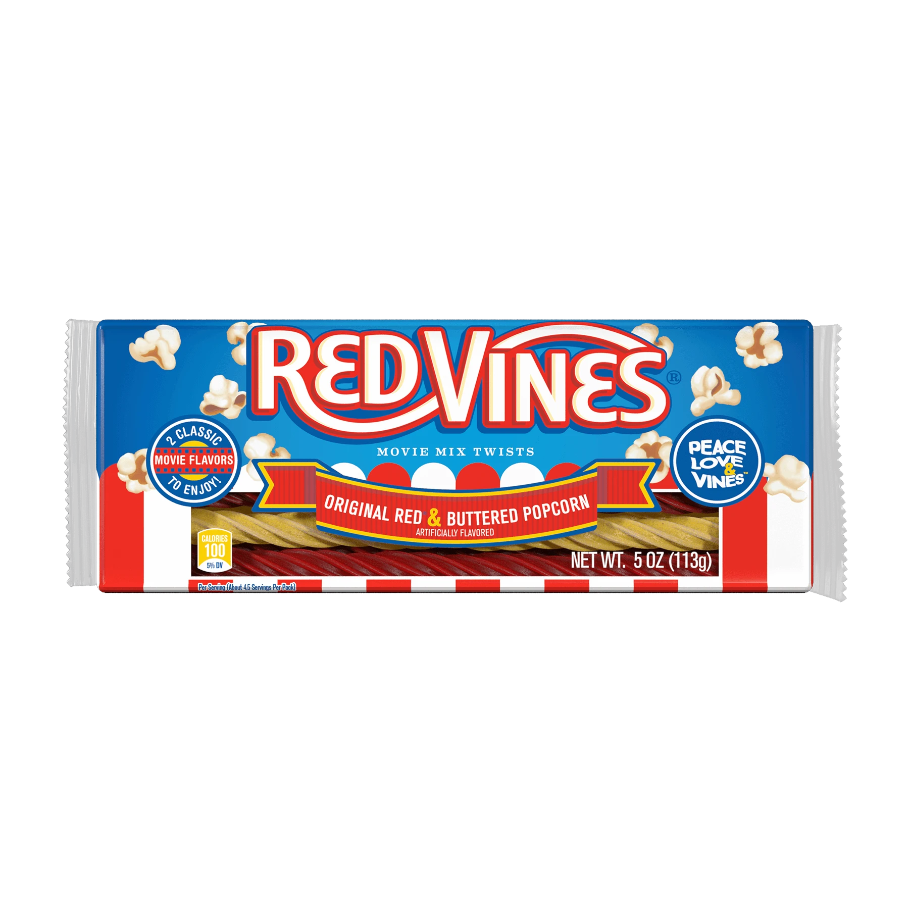 Front of Red Vines Buttered Popcorn & Original Red Twists 5oz Tray