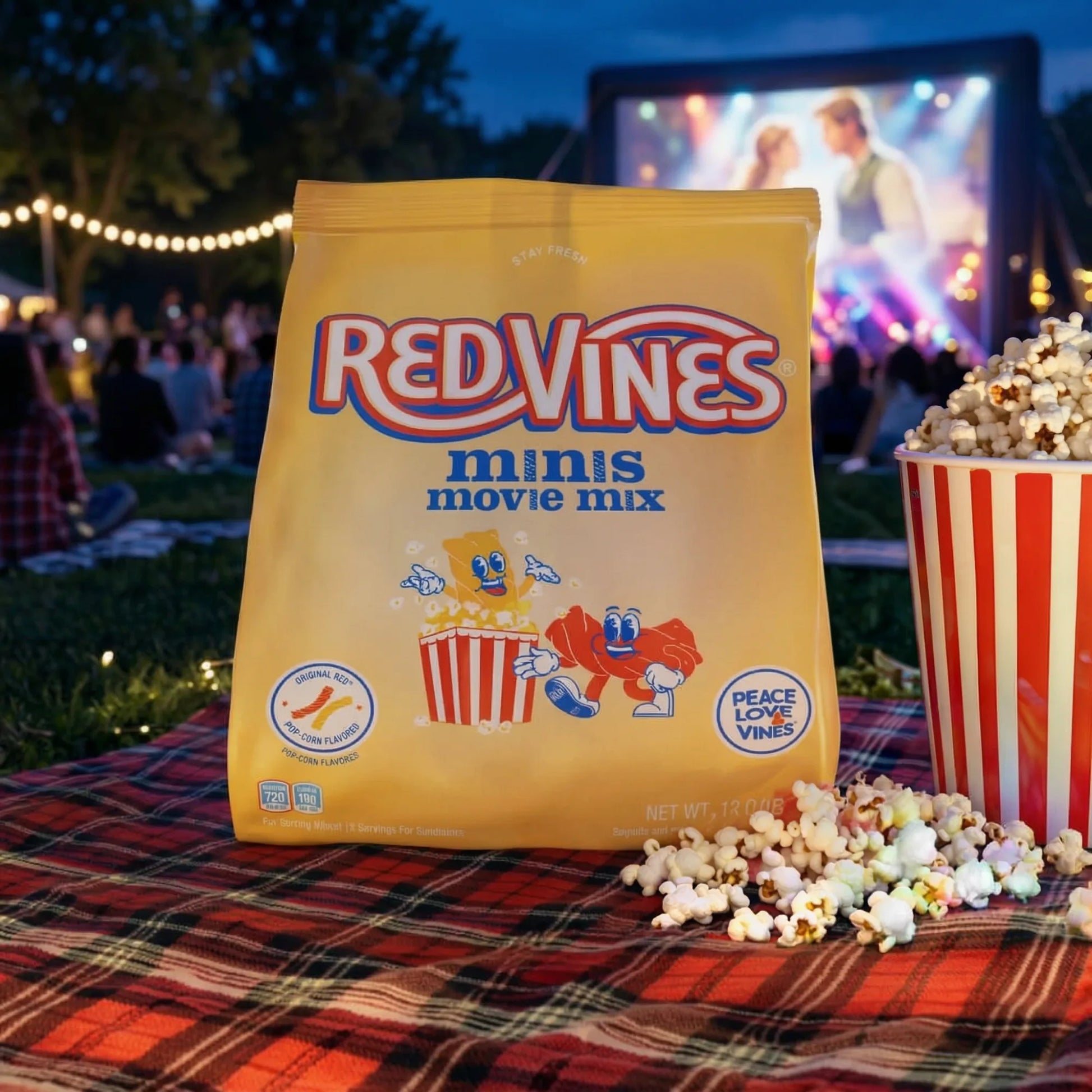 Bag of Red Vines minis movie mix with popcorn at an outdoor movie event.