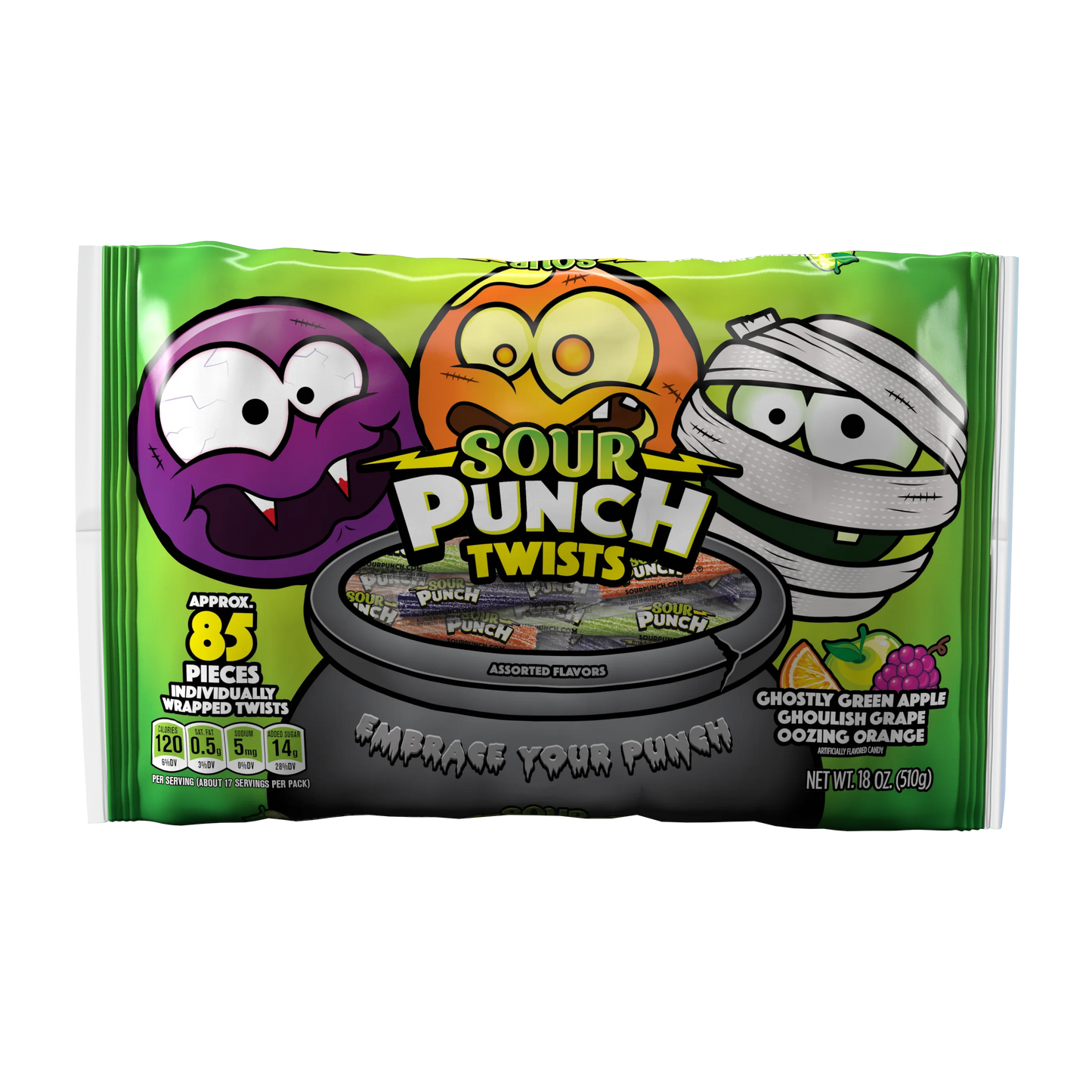 SOUR PUNCH Individually Wrapped Halloween Candy Twists - front of 18oz bag