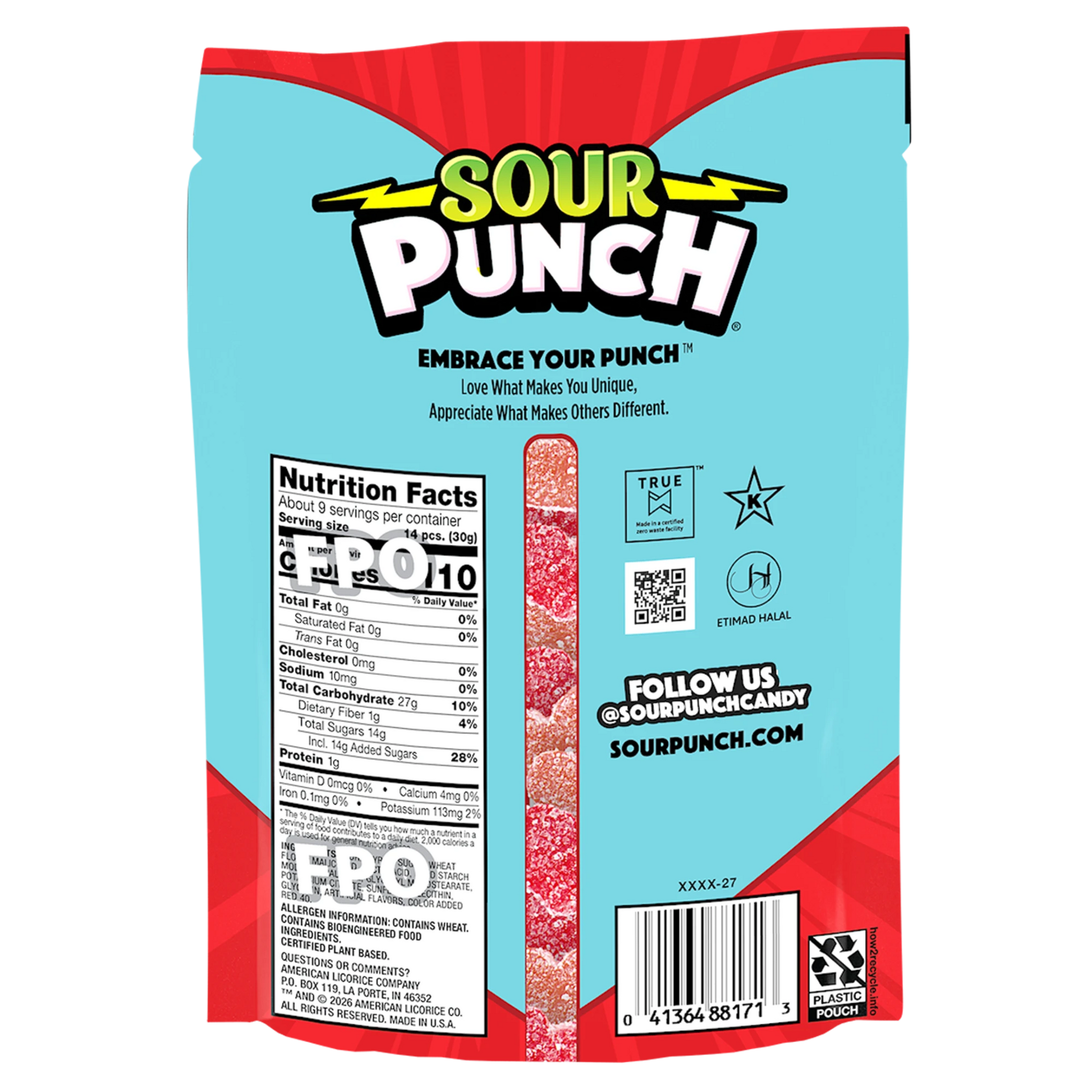 Back of Sour Punch Hearts Valentine's Day Candy 9oz Bag