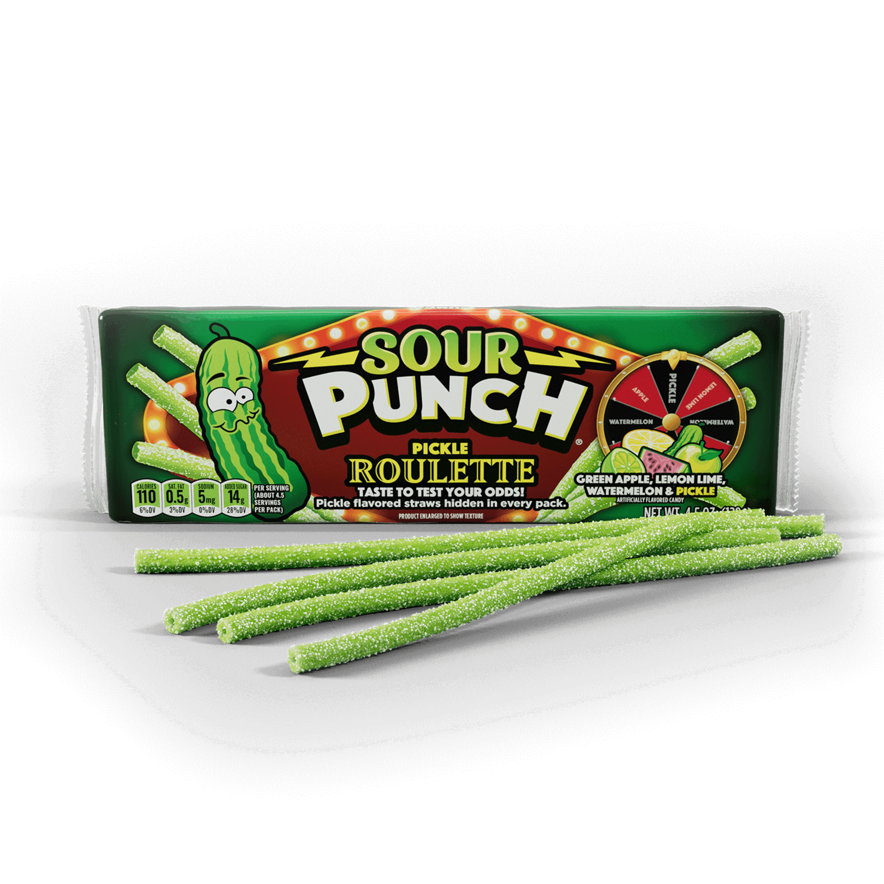 SOUR PUNCH Pickle Roulette Straws April Fool's Day Candy - Pickle Candy - Front of 4.5oz Tray with Candy in Front
