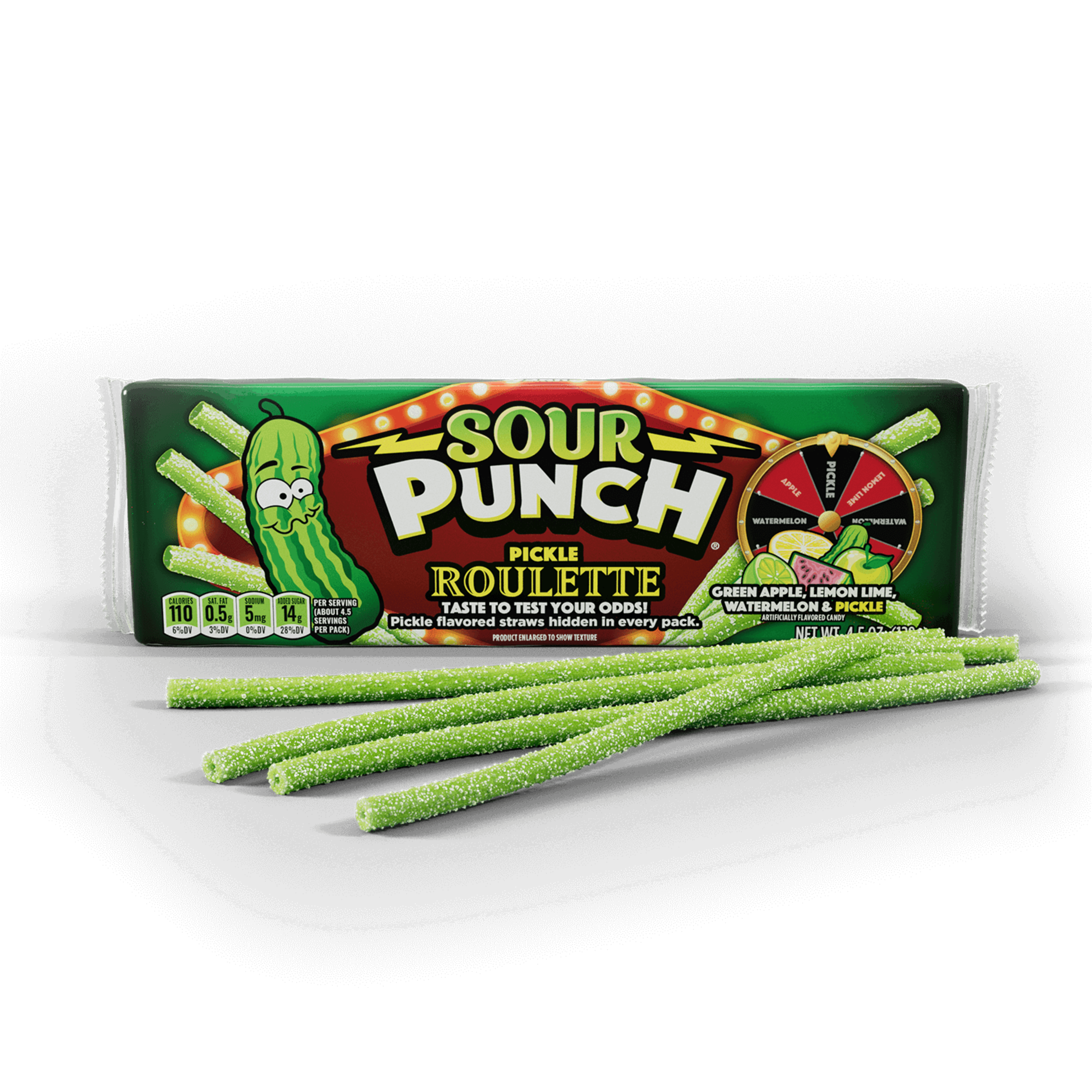 SOUR PUNCH Pickle Roulette Straws Novelty Candy - Pickle Candy - Front of 4.5oz Tray with Candy in Front