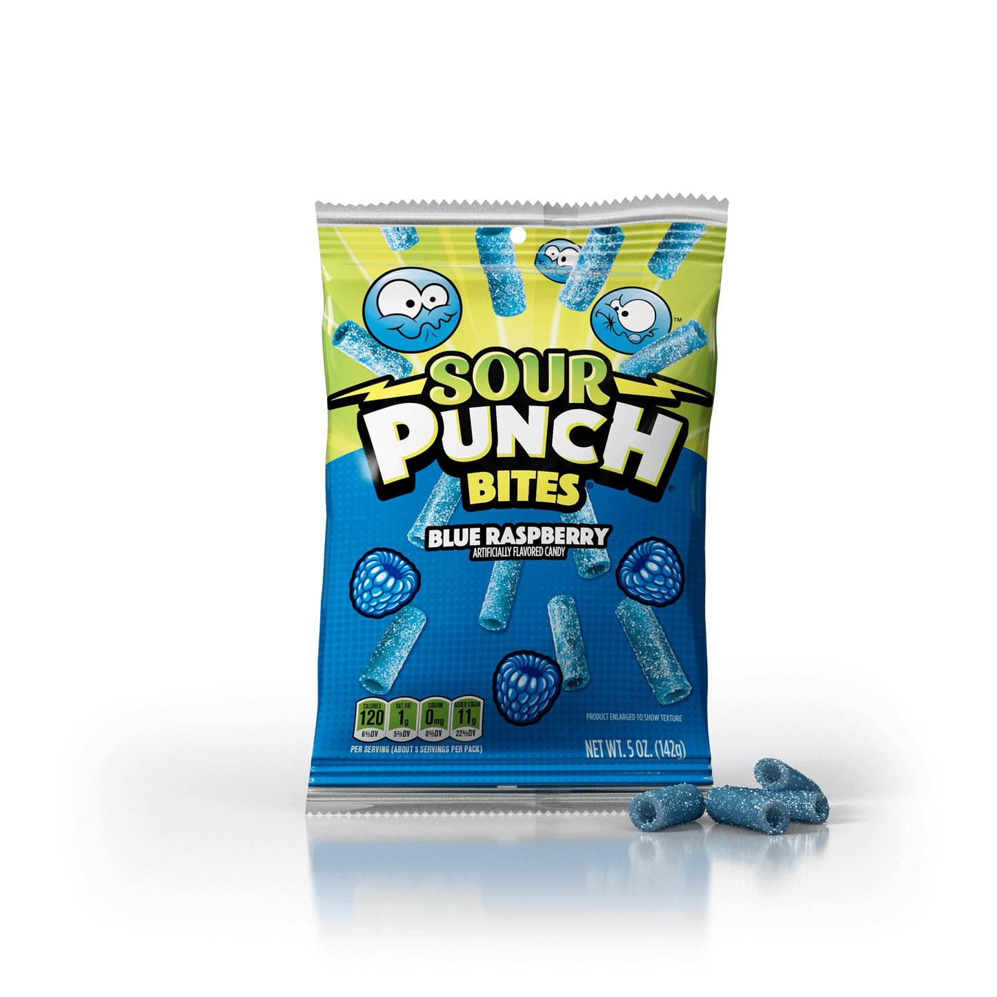 Front of Sour Punch Bites Blue Raspberry bag with blue candy in front