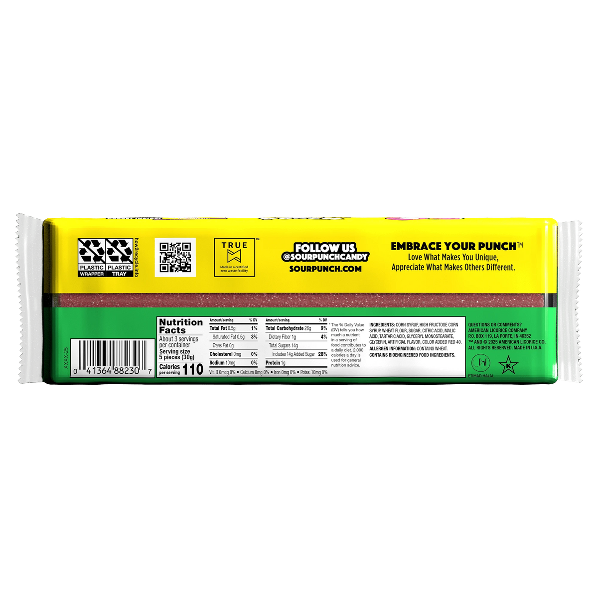 Back of Sour Punch Watermelon Straws with Mega Chamoy Original Sauce 3.2oz Tray