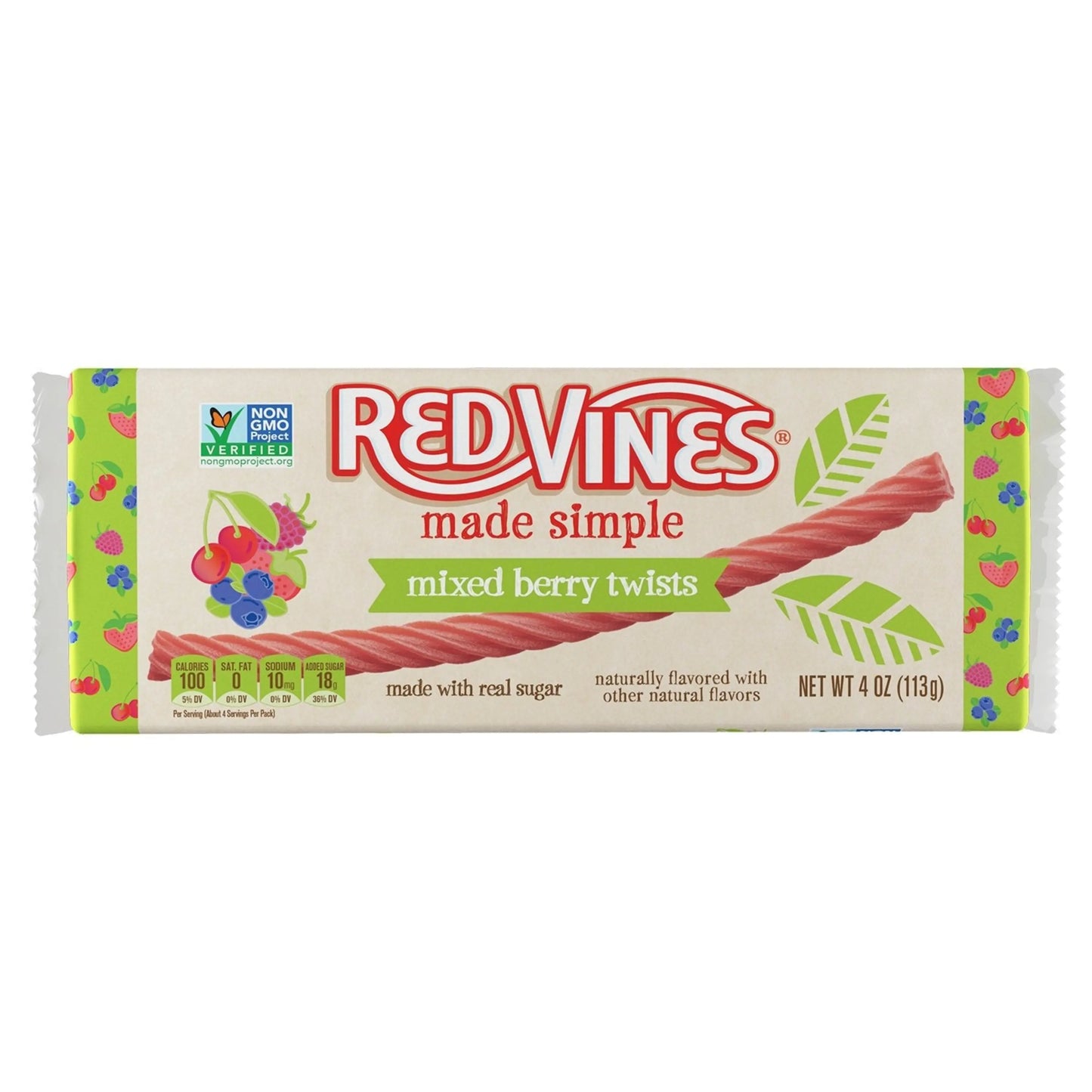 Front of RED VINES Made Simple Berry Twists 4oz Tray