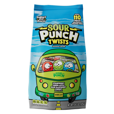 SOUR PUNCH Individually Wrapped Candy Twists, front of 24.5oz bag