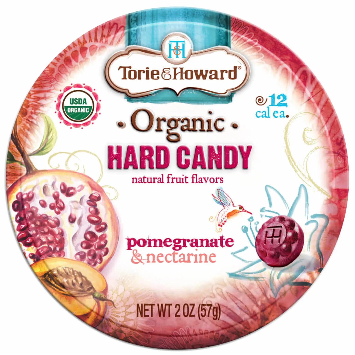 Torie & Howard Pomegranate & Nectarine Organic Hard Candy, Front of 2oz Tin