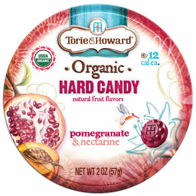 Torie & Howard Pomegranate & Nectarine Organic Hard Candy, Front of 2oz Tin