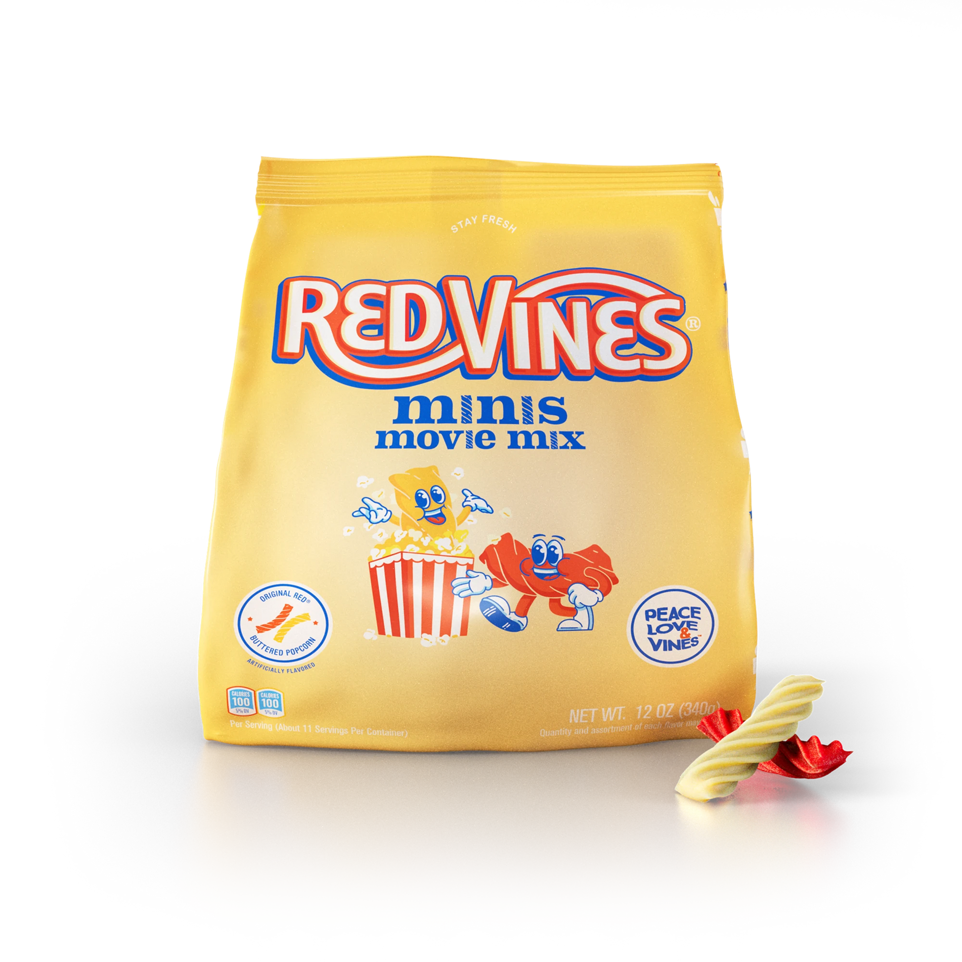Red Vines Movie Mix Minis 12oz Bag with mini red licorice and buttered popcorn candy pieces in front