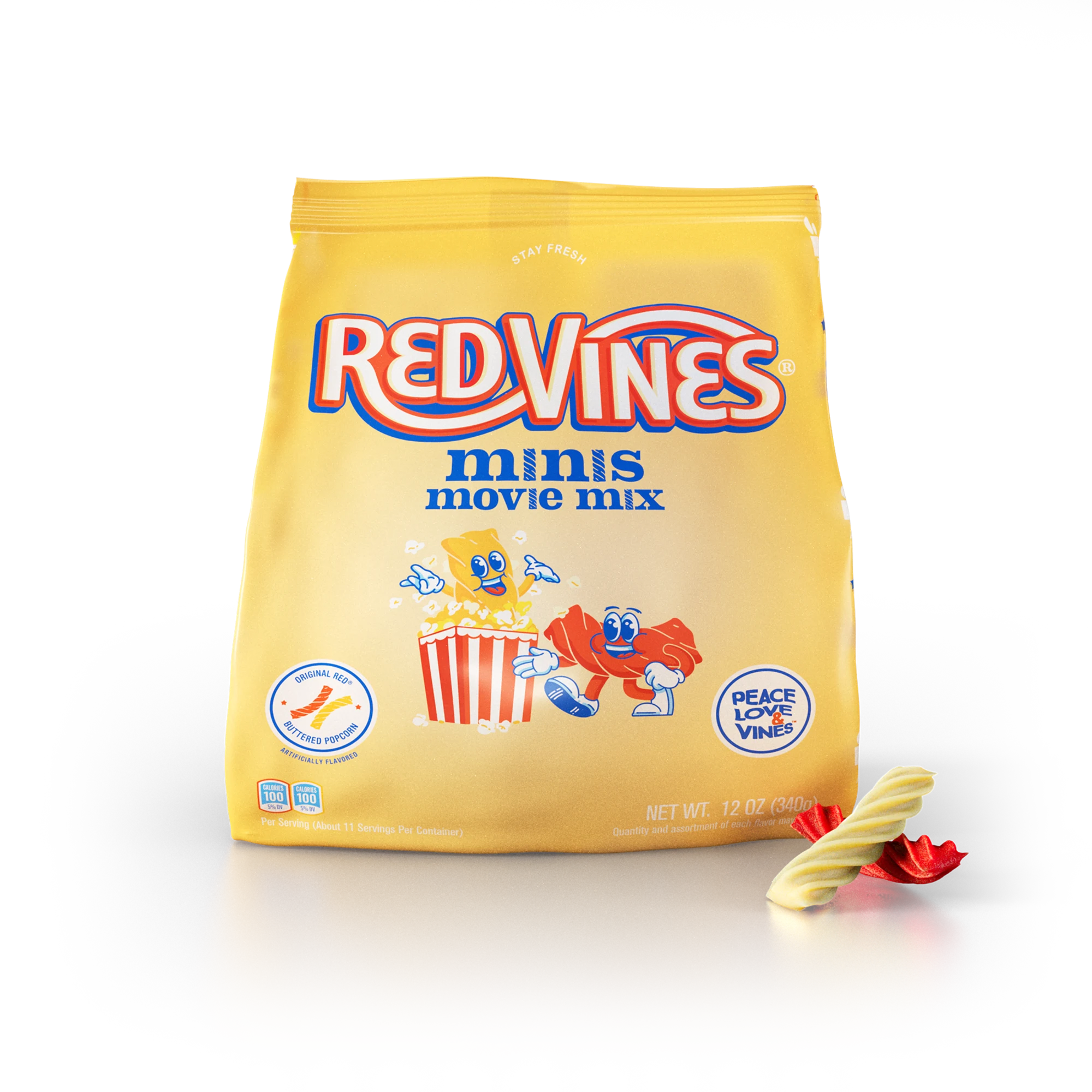 Red Vines Movie Mix Minis 12oz Bag with mini red licorice and buttered popcorn candy pieces in front
