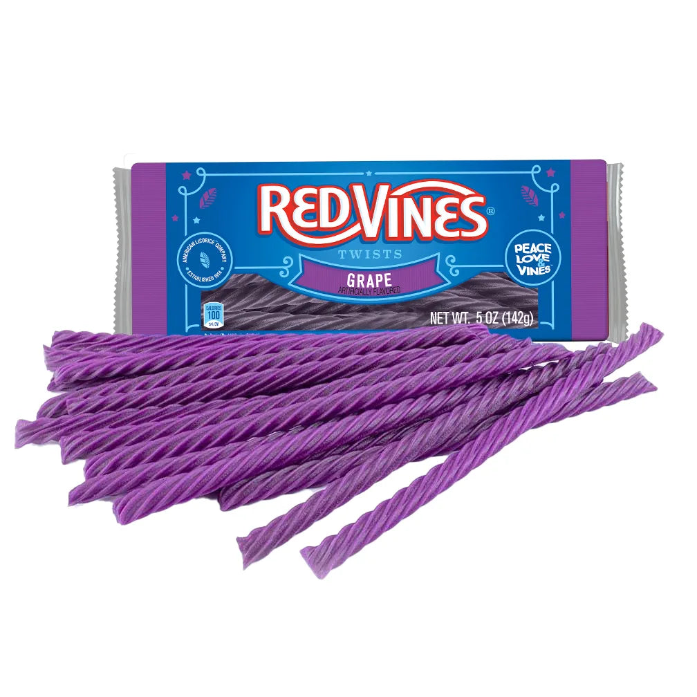 RED VINES Grape Licorice Twists 5oz tray with candy in front