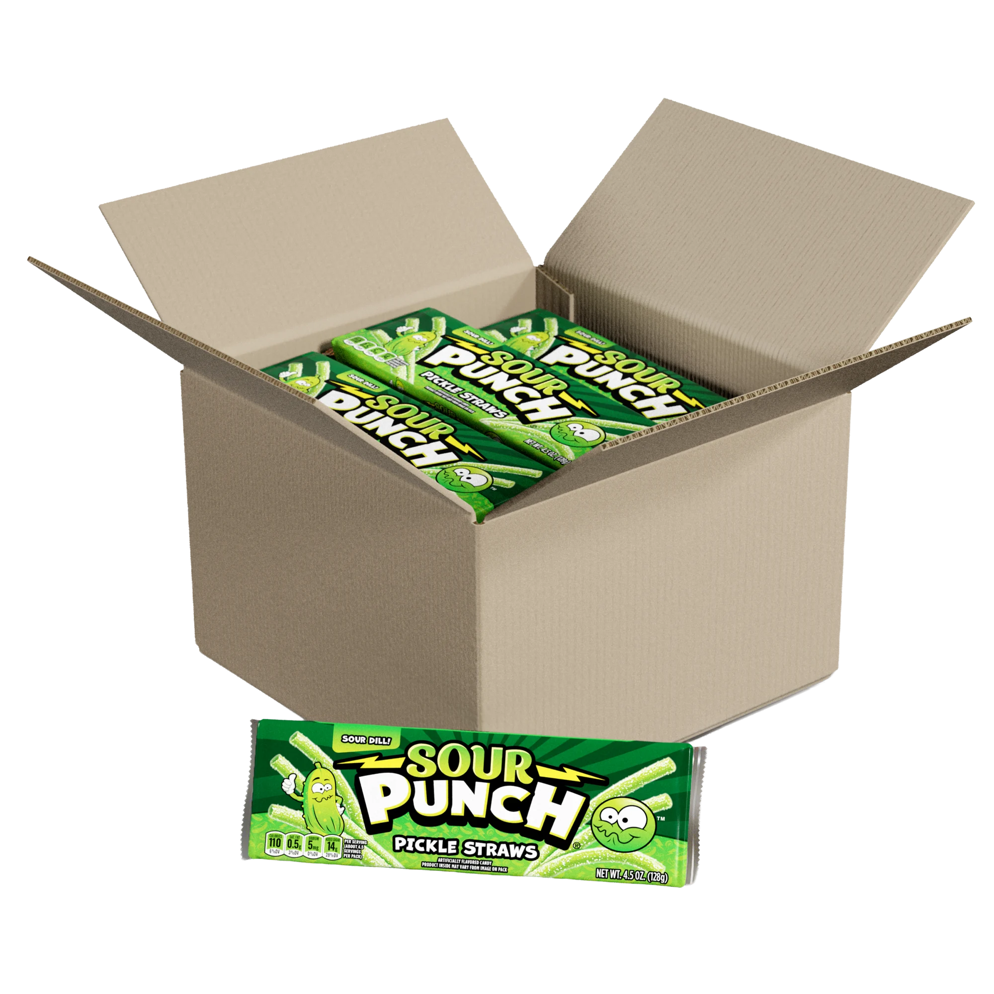 box with 24 Sour Punch Pickle Straw Trays in it