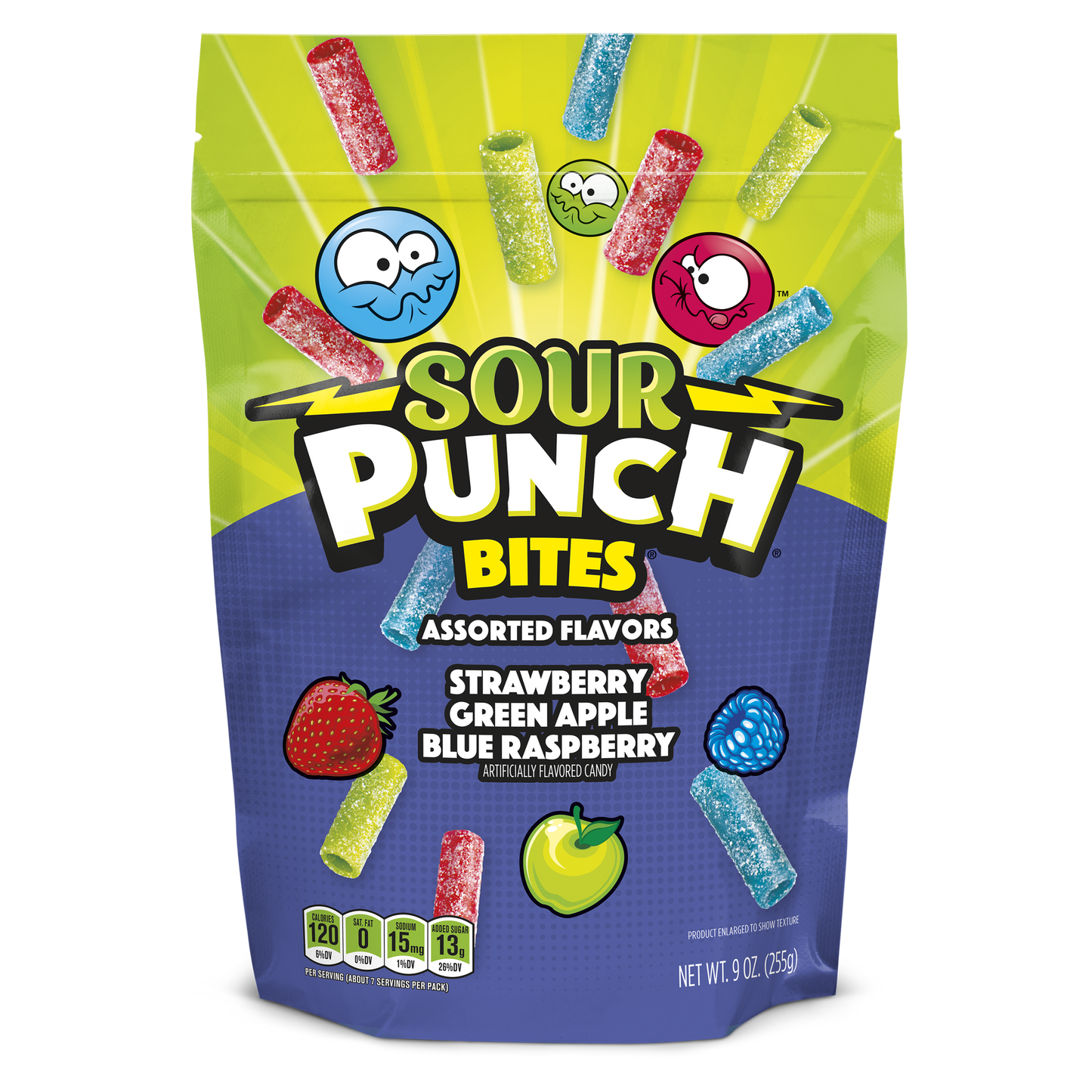 SOUR PUNCH Assorted Candy Bites, Assorted Sour Candy, Front of 9oz Bag