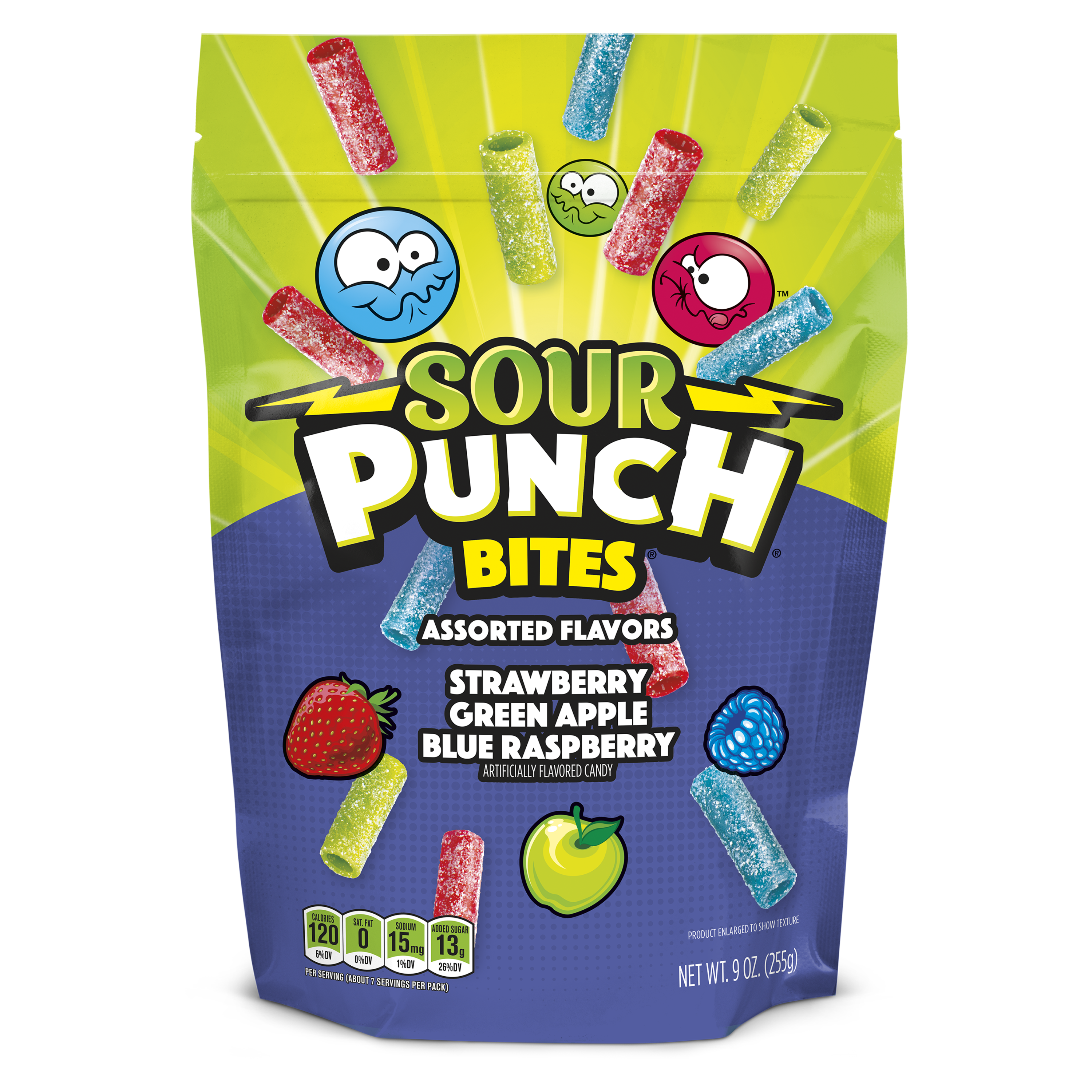 SOUR PUNCH Assorted Candy Bites, Assorted Sour Candy, Front of 9oz Bag