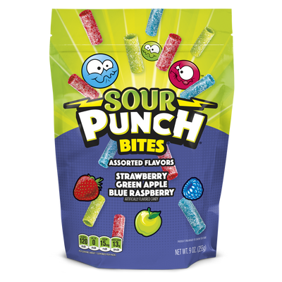 SOUR PUNCH Assorted Candy Bites, Assorted Sour Candy, Front of 9oz Bag