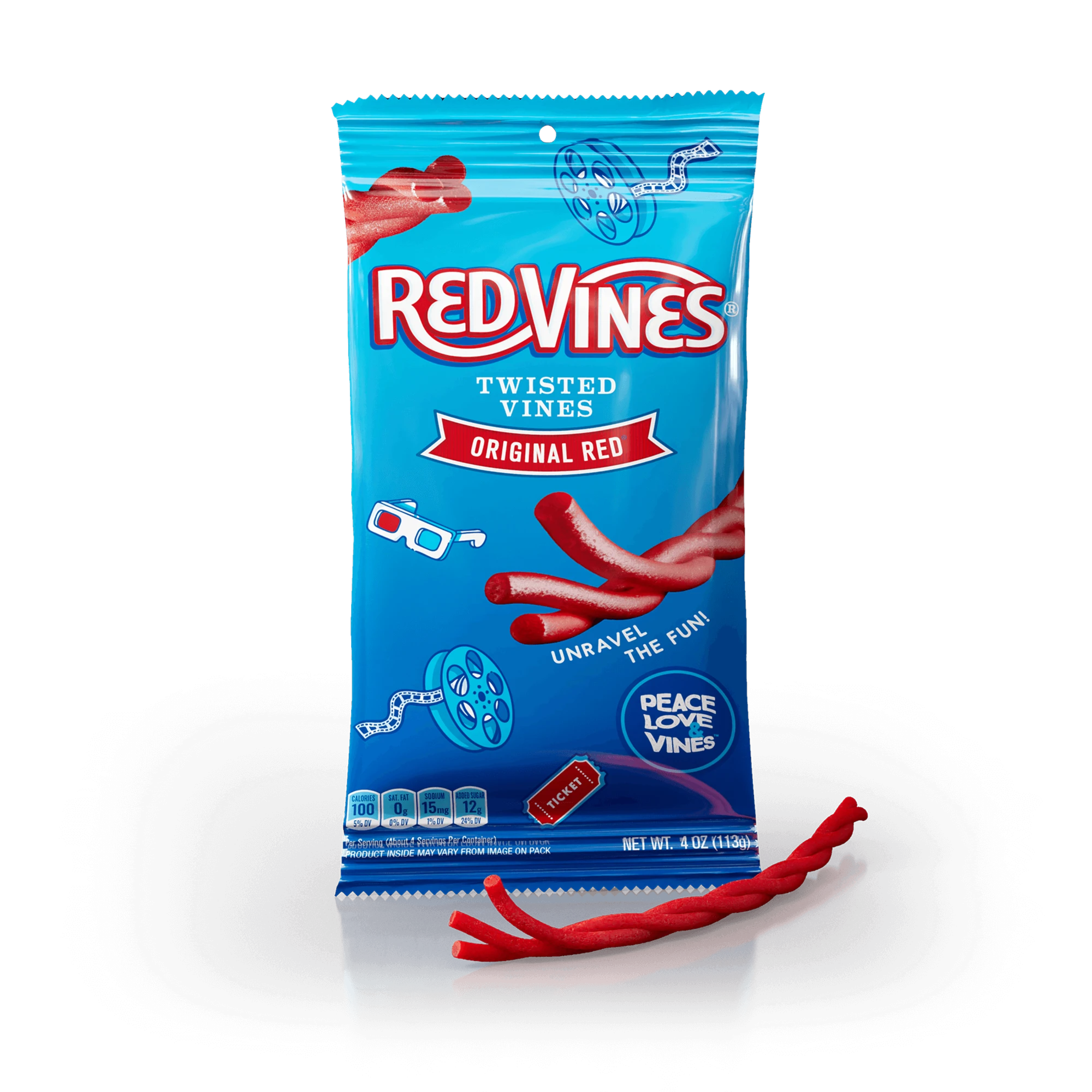 Red Vines Original Red Twisted Vines 4oz Bag with raw pull and peel licorice twist in front