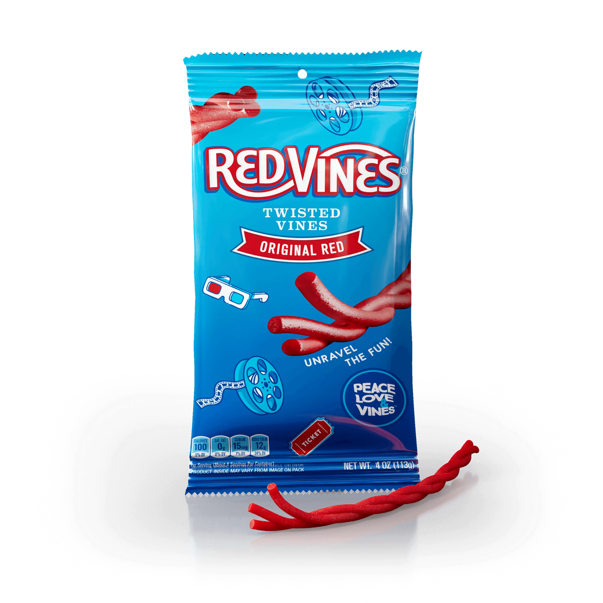Red Vines Original Red Twisted Vines 4oz Bag with raw pull and peel licorice twist in front