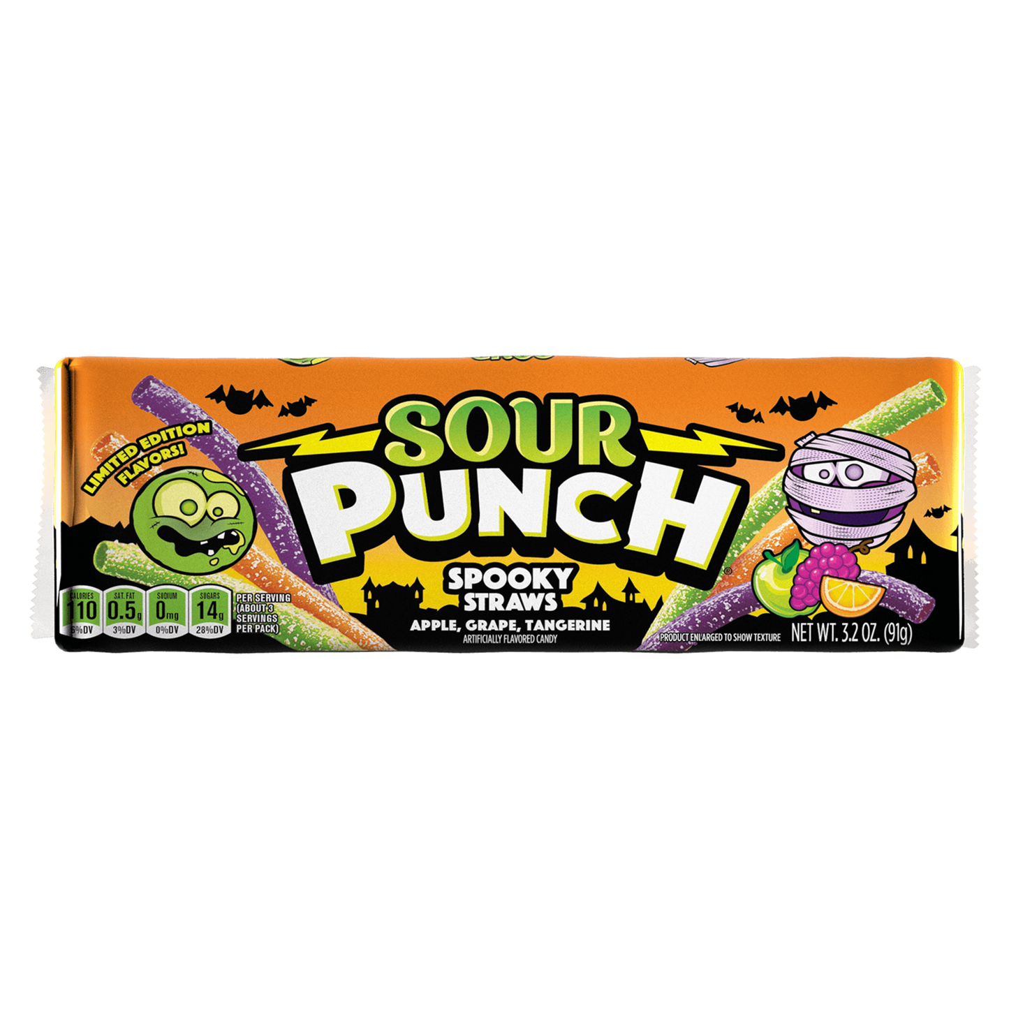 SOUR PUNCH Spooky Straws Halloween Candy - front of 3.2oz pack