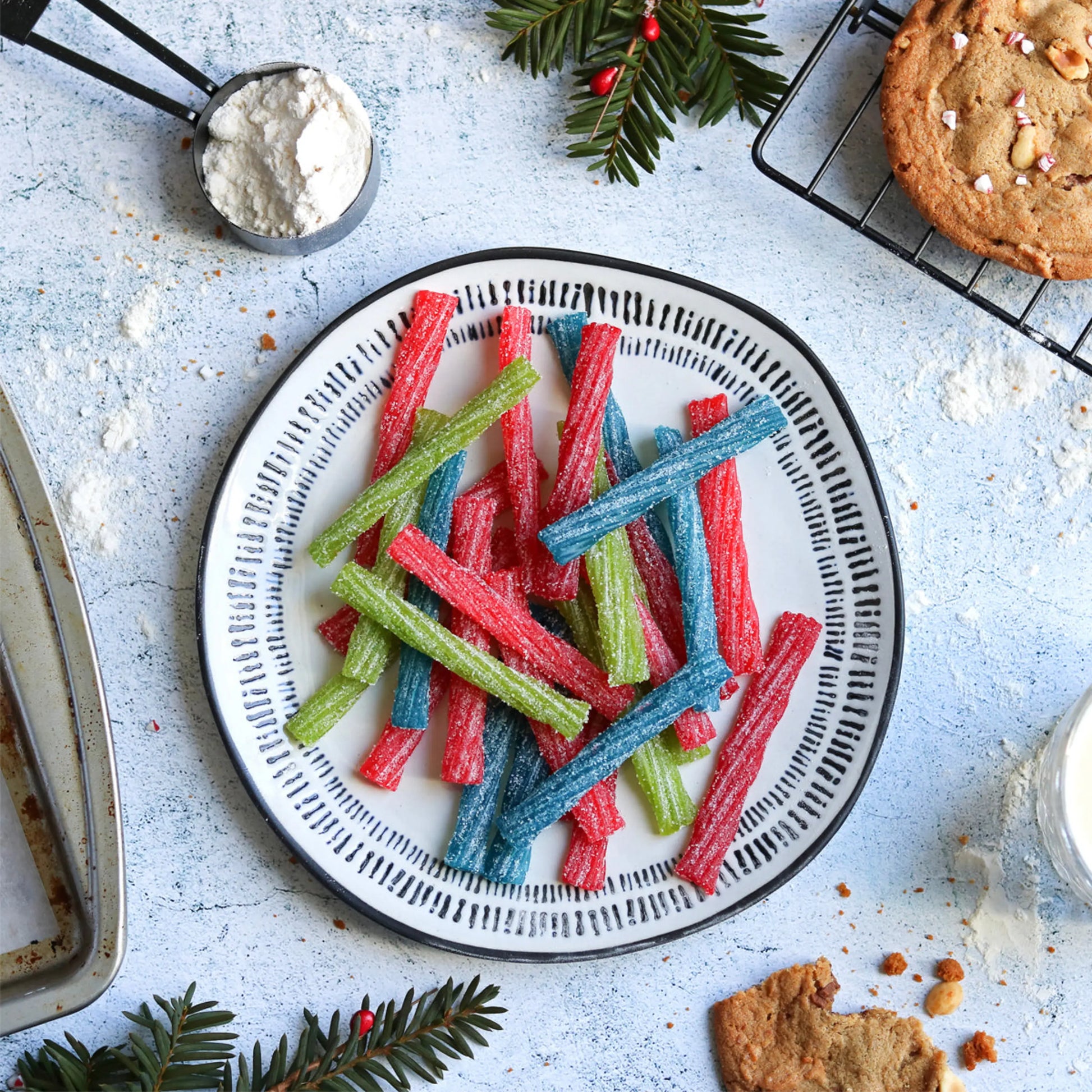 3" Assorted Sour Candy Twists with holiday cookies