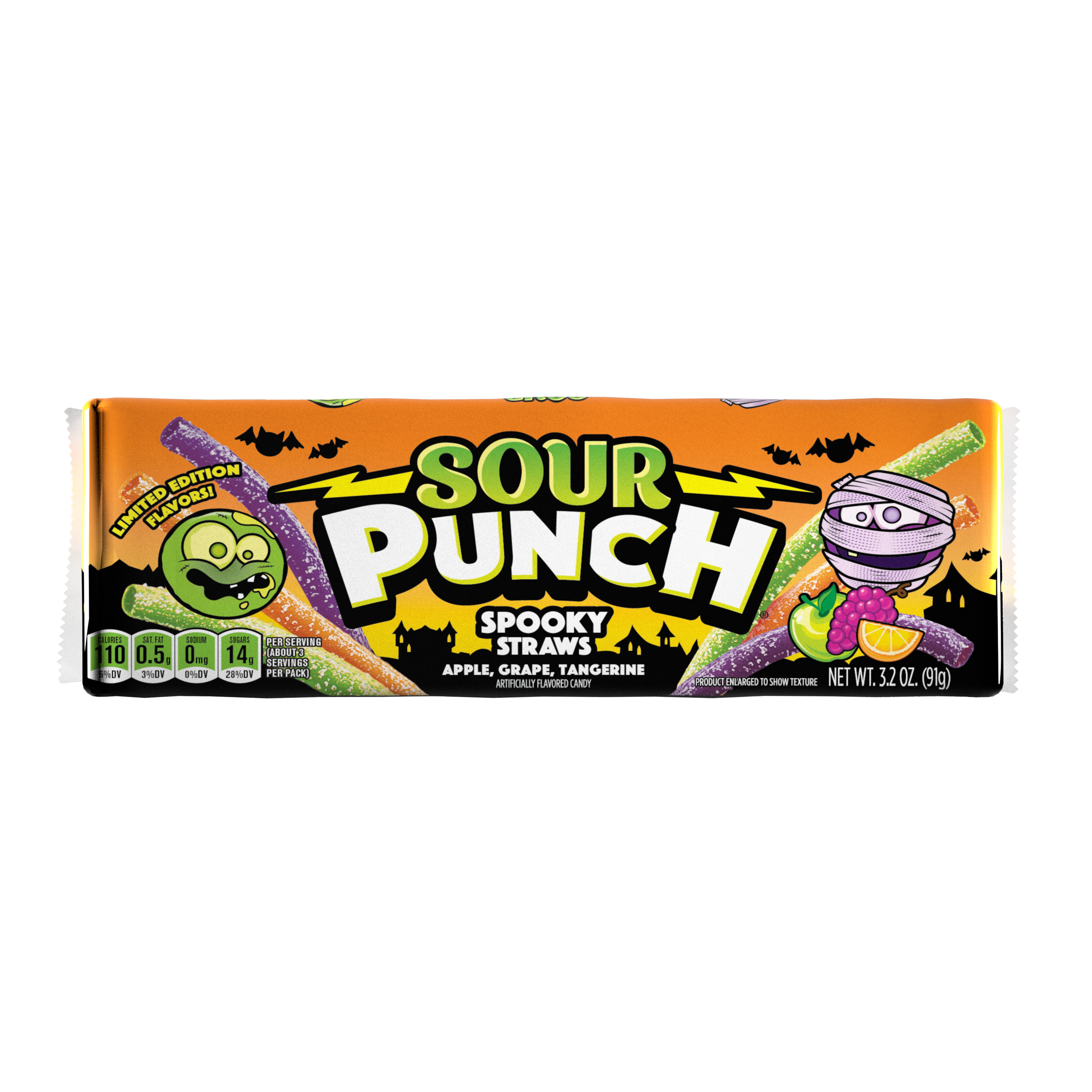 SOUR PUNCH Spooky Straws Halloween Candy - front of 3.2oz pack