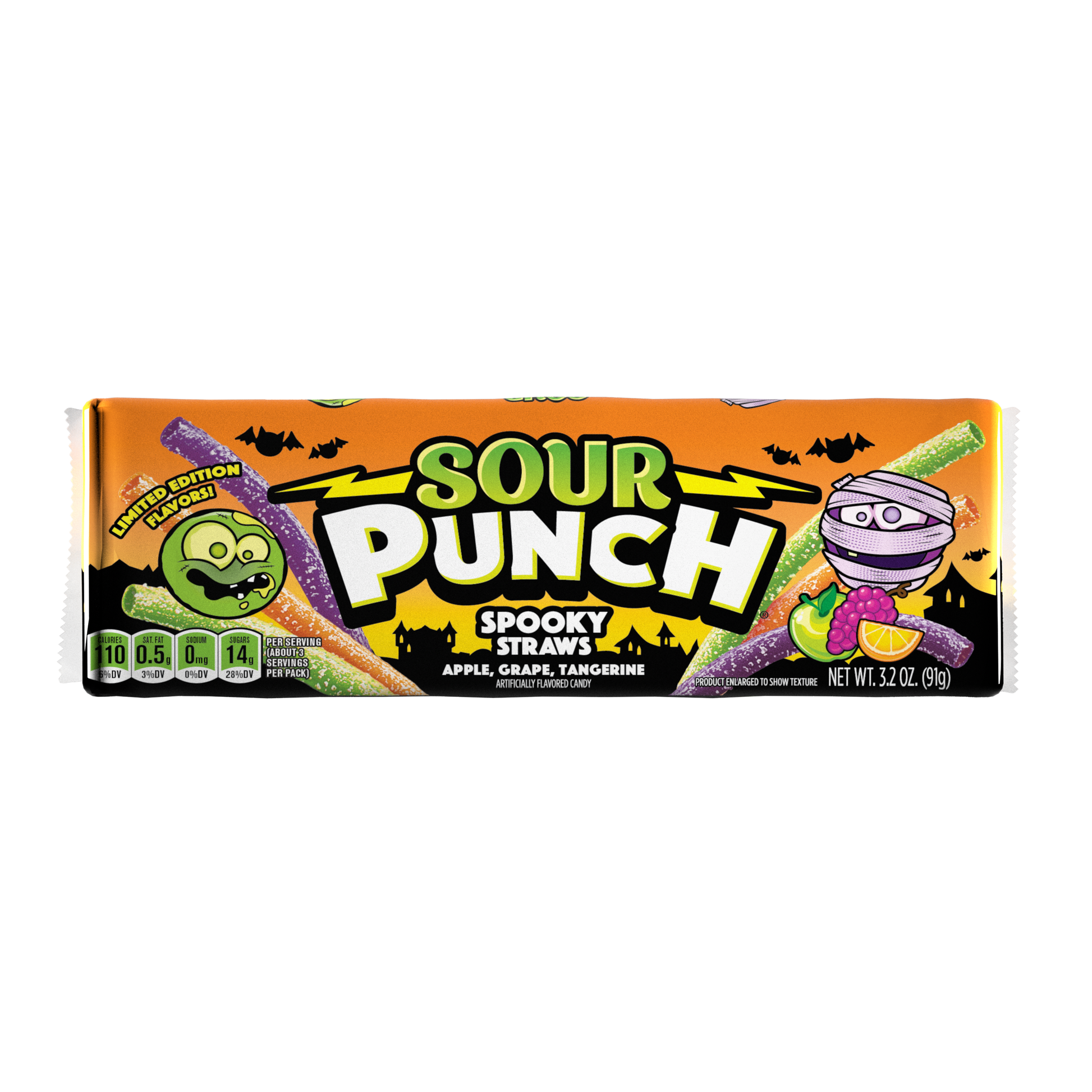 SOUR PUNCH Spooky Straws Halloween Candy - front of 3.2oz pack