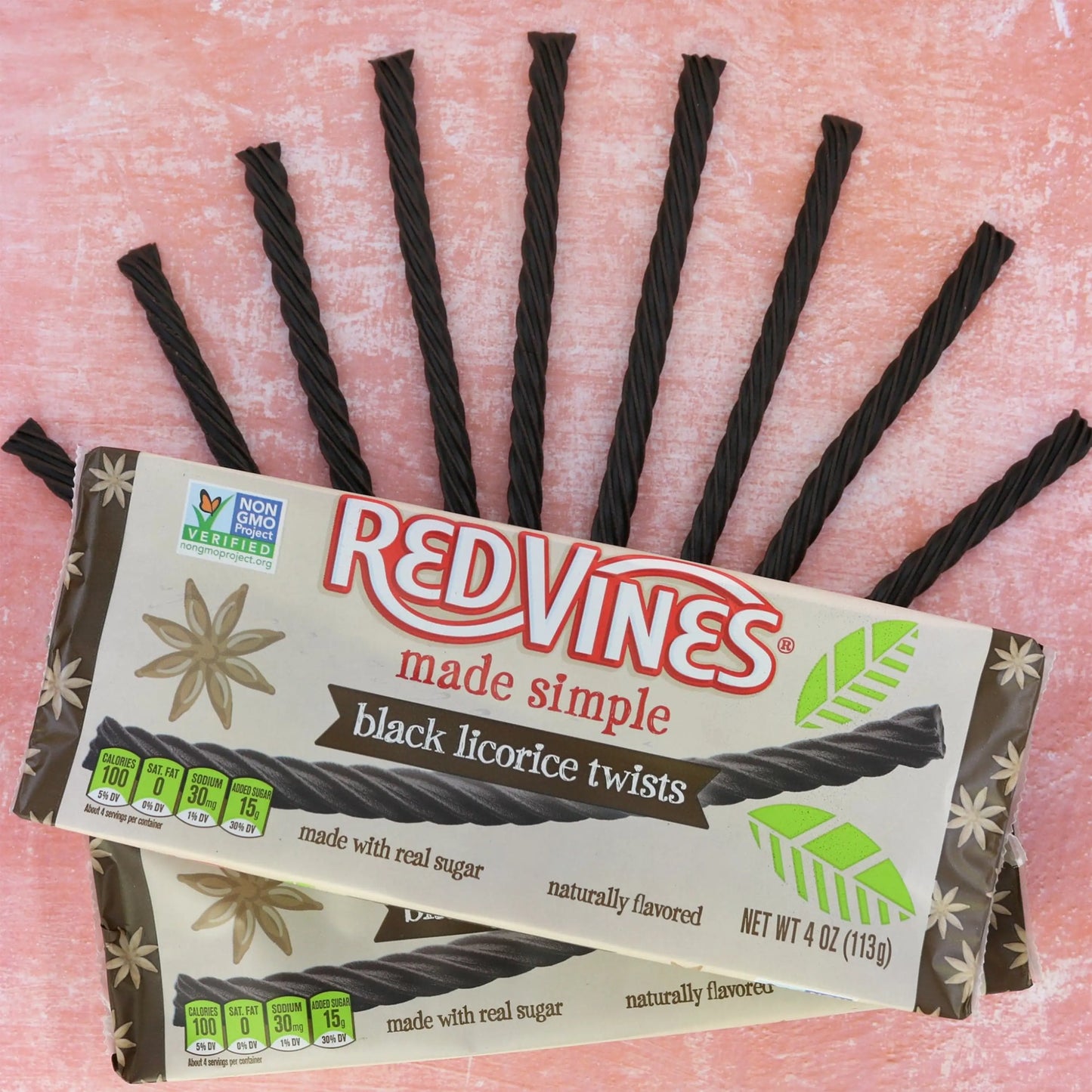 Two RED VINES Made Simple Black Licorice Twists 4oz Trays with candy twists