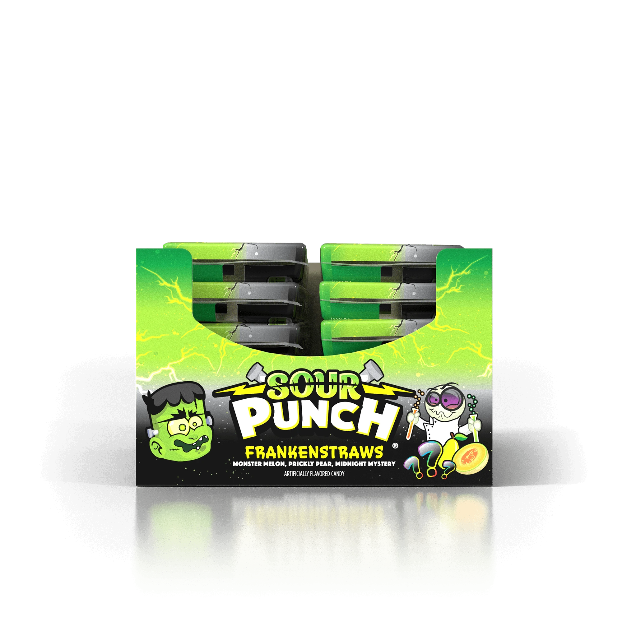 12-pack caddy of Sour Punch Frankenstraws Halloween Candy 3.2oz Trays