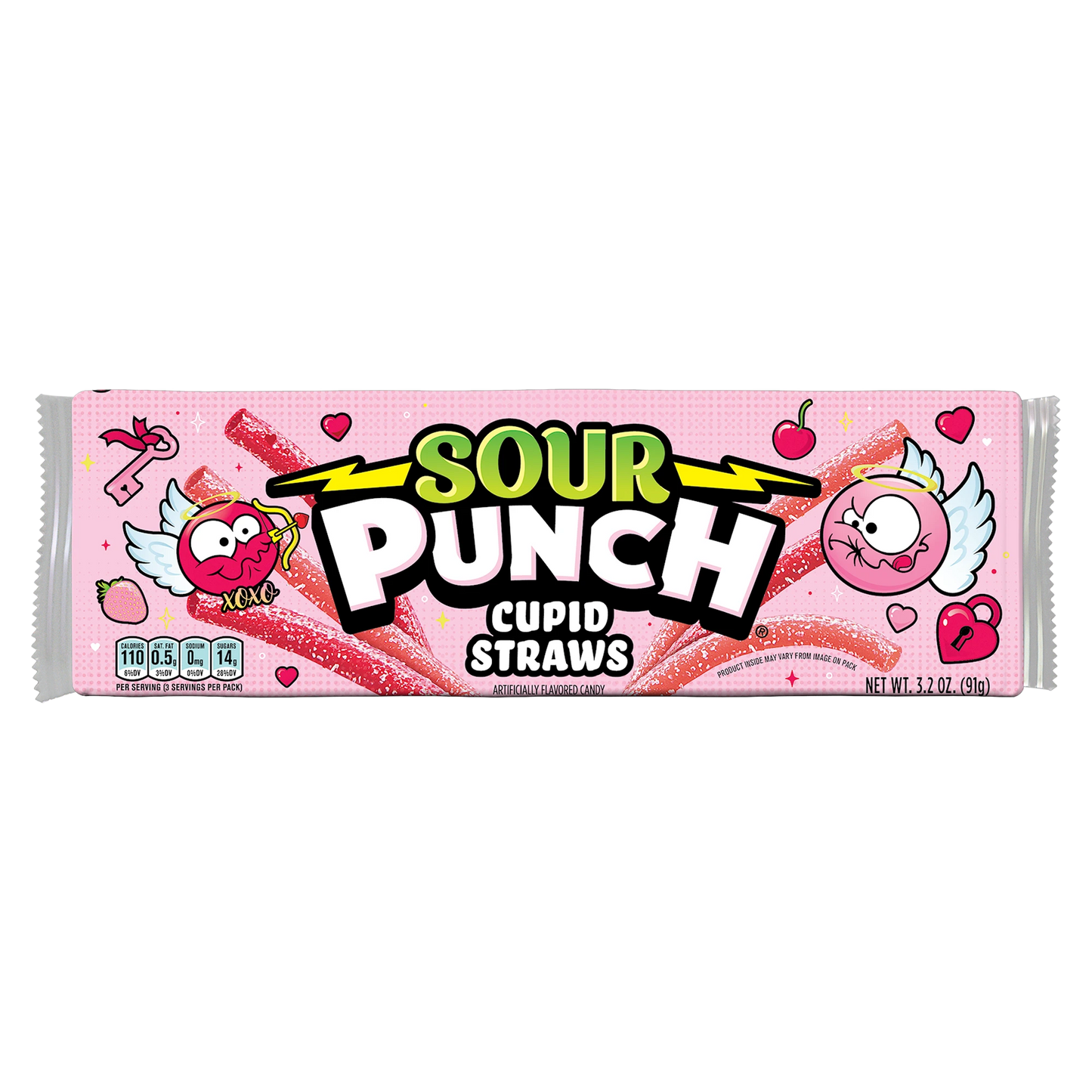Front of SOUR PUNCH Cupid Straws valentine's day candy tray