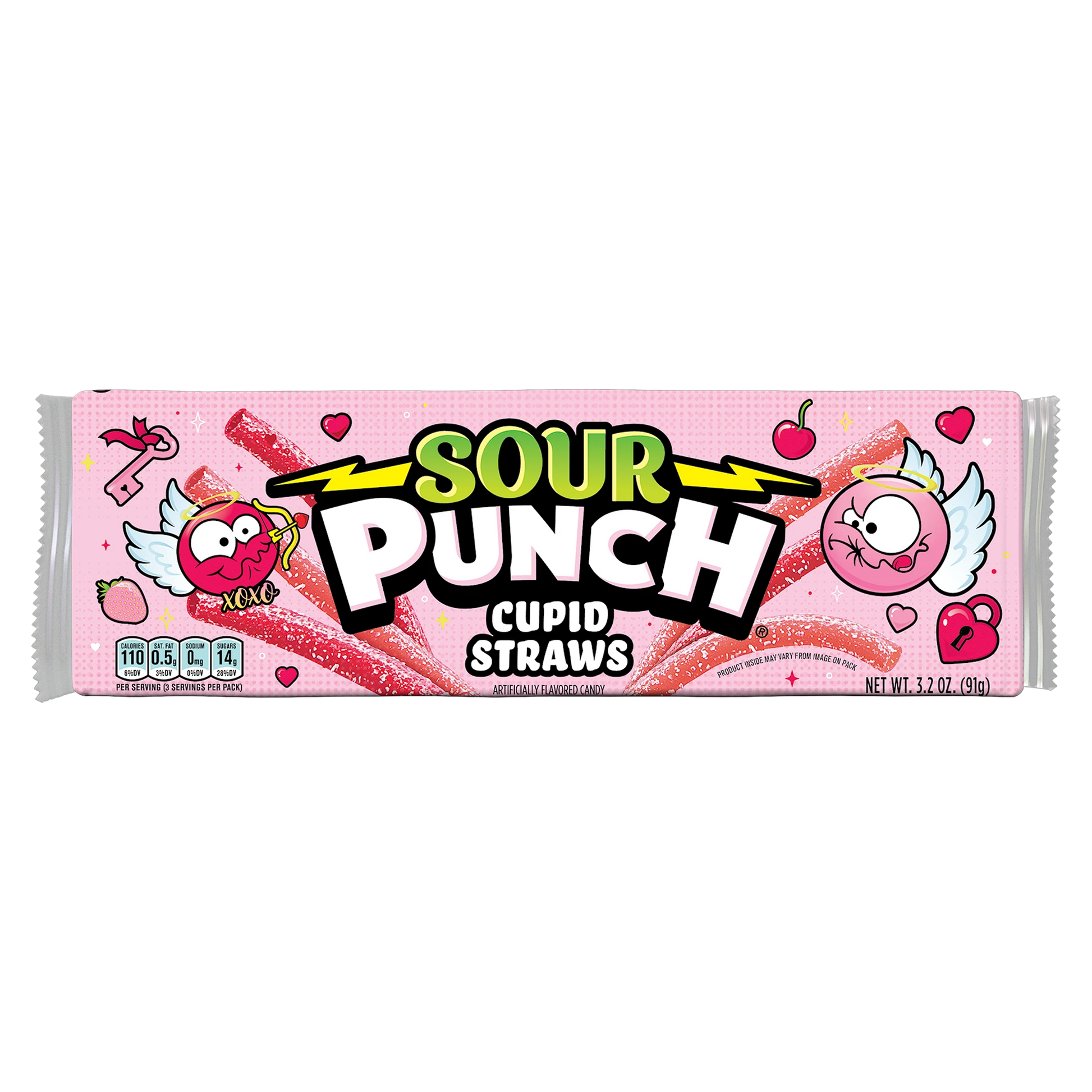 Front of SOUR PUNCH Cupid Straws valentine's day candy tray