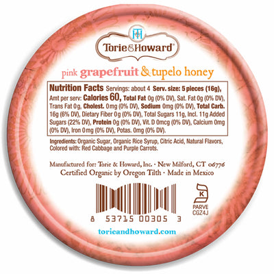 Torie & Howard Pink Grapefruit & Tupelo Honey Organic Hard Candy, Back of 2oz Tin