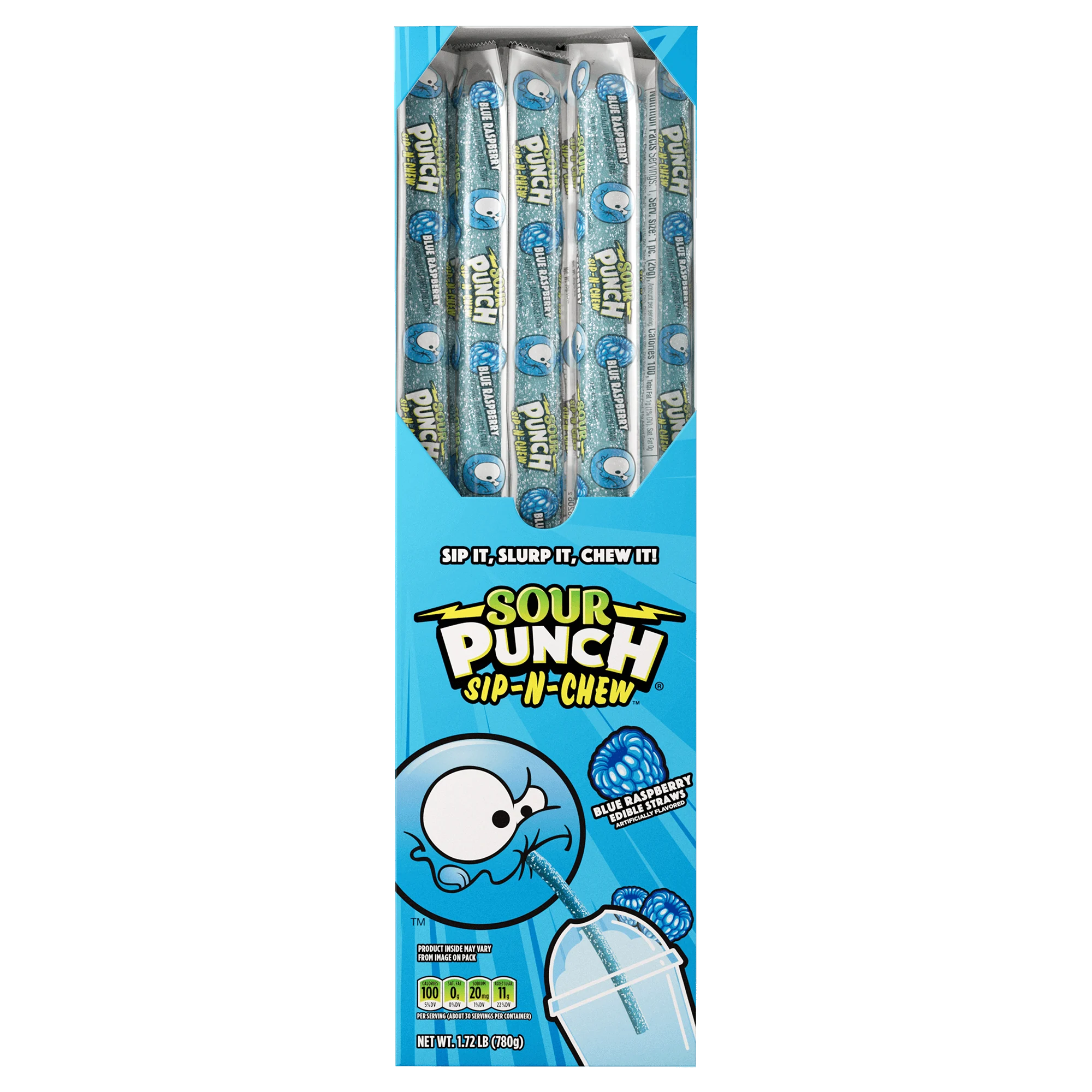 Sour Punch Blue Raspberry Sip-N-Chew Straws 30-Count Caddy