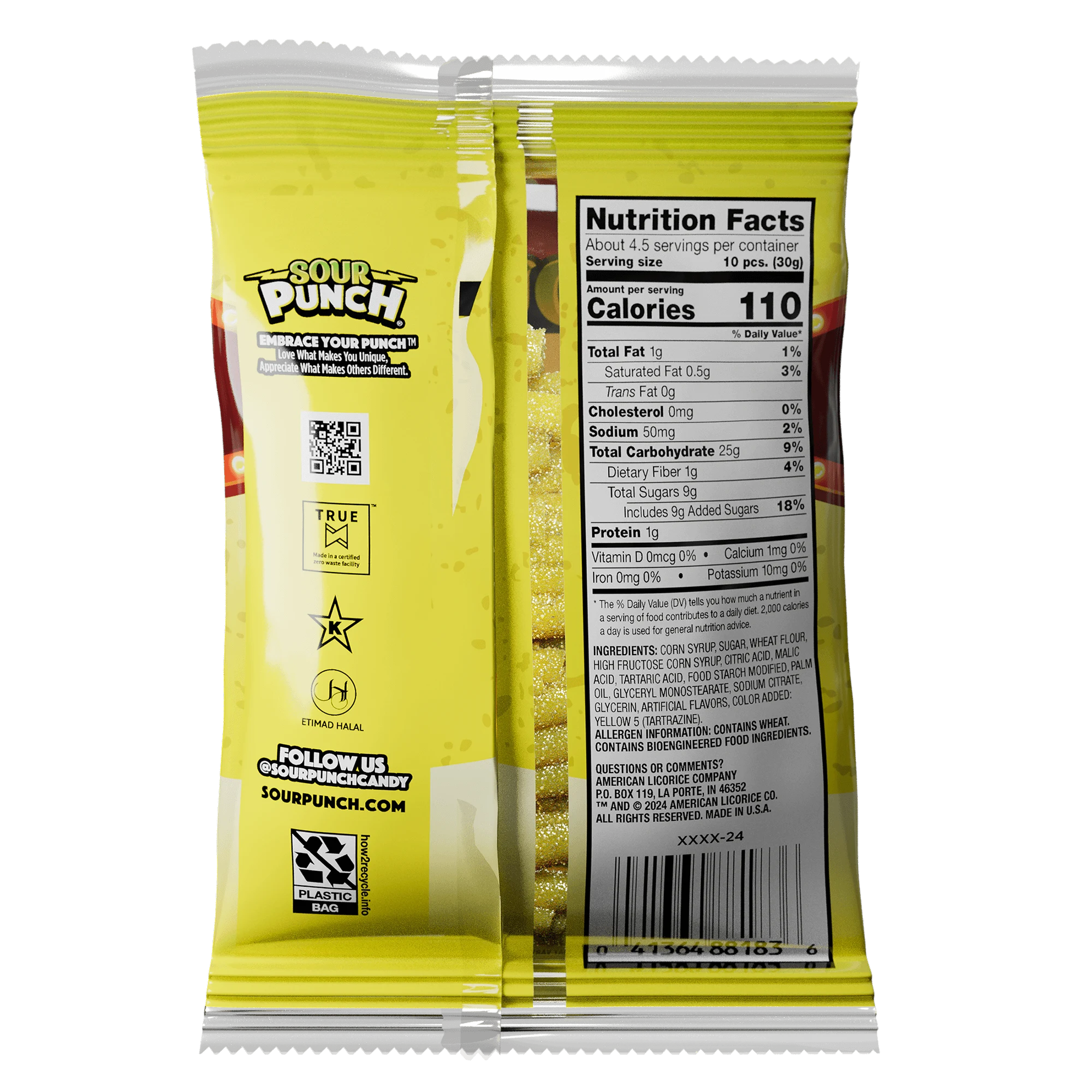 Back of Sour Punch Banana Candy Roulette Bites 5oz Bag