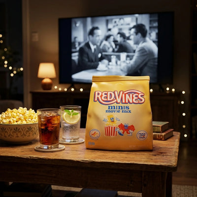 Bag of Red Vines minis movie mix on a table with popcorn and drinks, TV in the background.