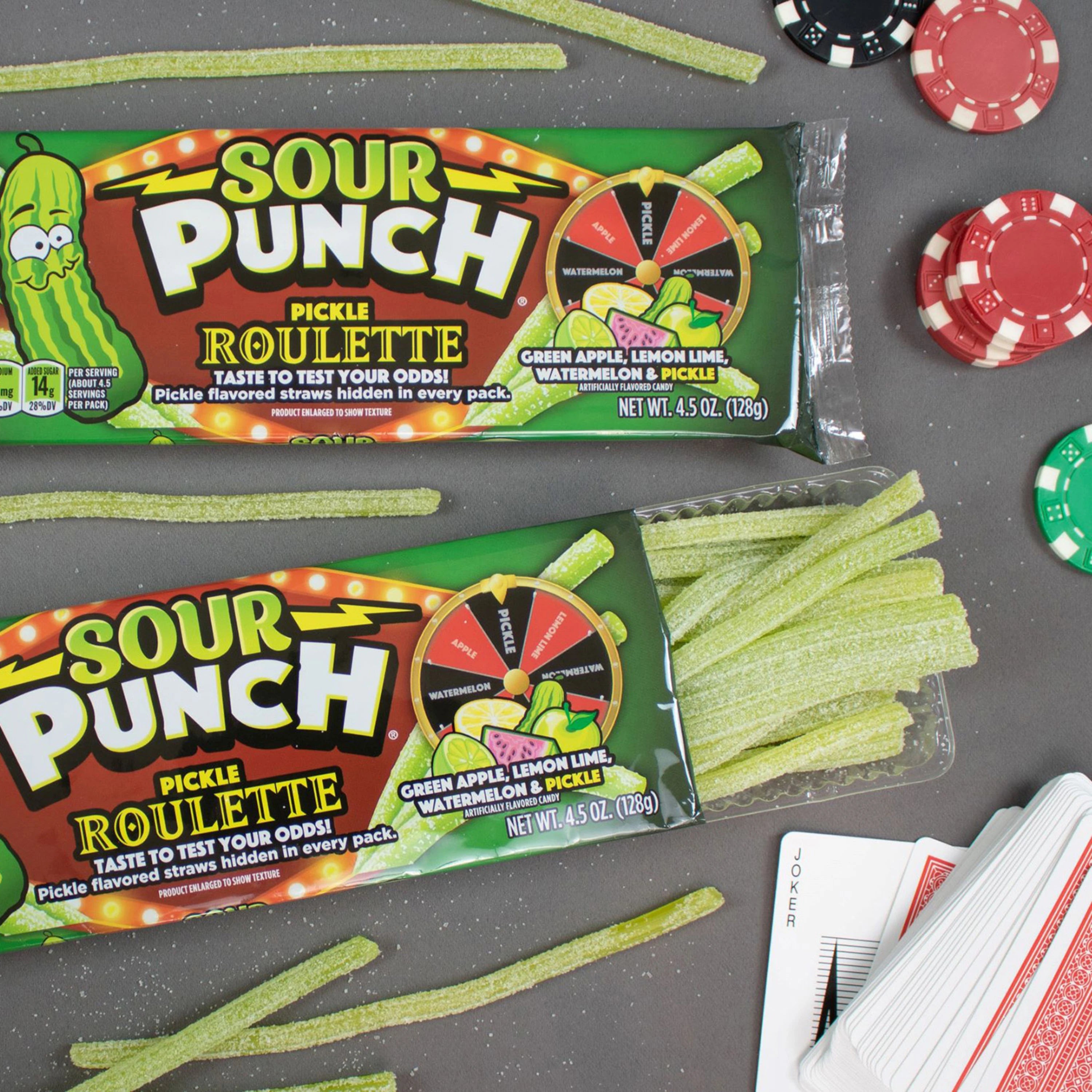 SOUR PUNCH Pickle Roulette Straws April Fool's Day Candy - Trays of Candy with Poker Set