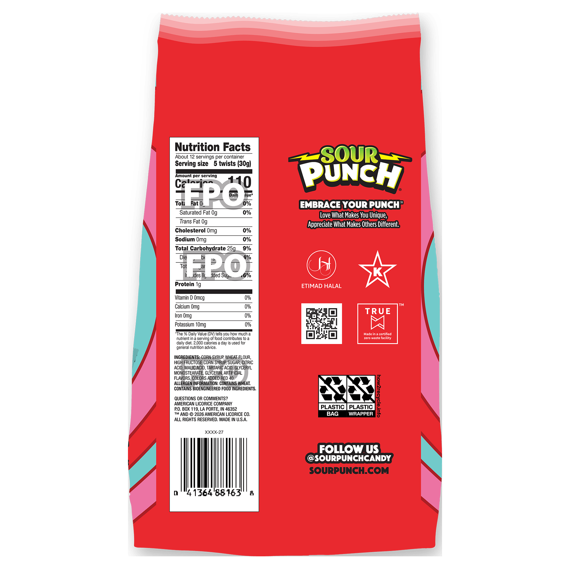 Back of Sour Punch Valentines Individually Wrapped Twists in 13oz Bag