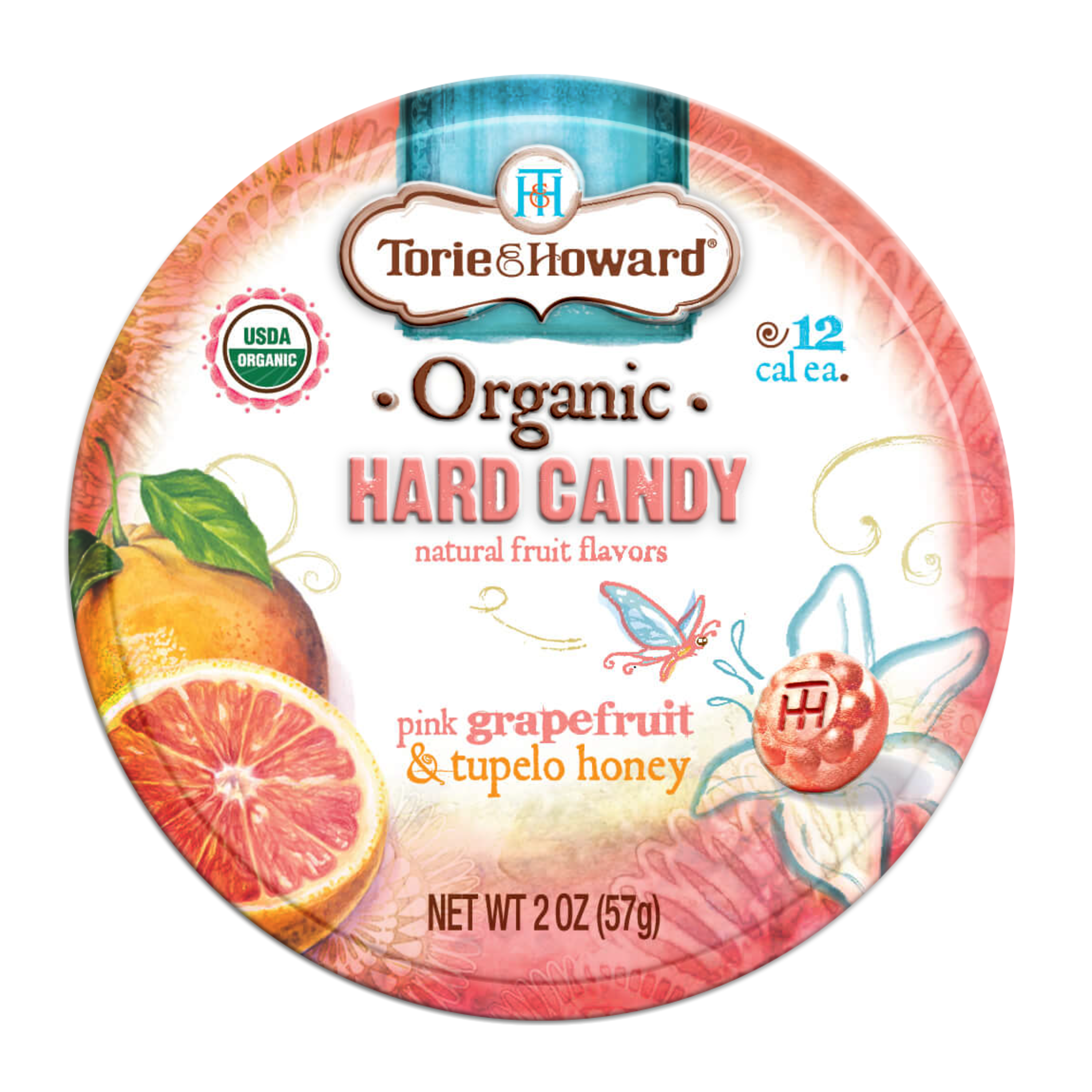 Torie & Howard Pink Grapefruit & Tupelo Honey Organic Hard Candy, Front of 2oz Tin