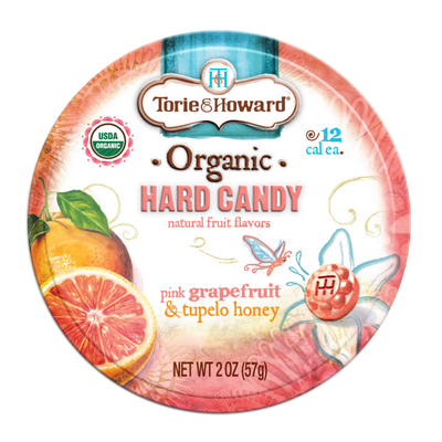 Torie & Howard Pink Grapefruit & Tupelo Honey Organic Hard Candy, Front of 2oz Tin