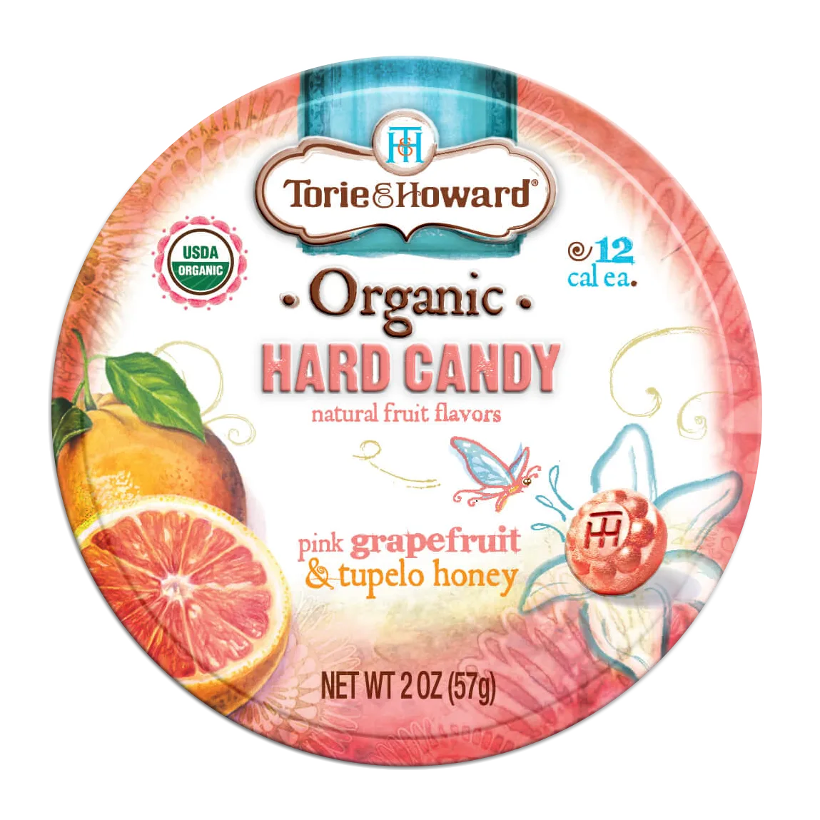 Torie & Howard Pink Grapefruit & Tupelo Honey Organic Hard Candy, Front of 2oz Tin