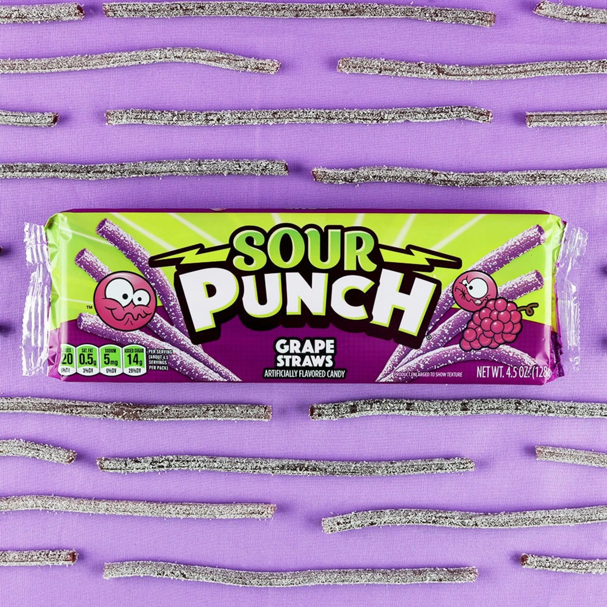 Sour Punch Grape Candy Straws on Purple Background - Sour Punch Grape Straws