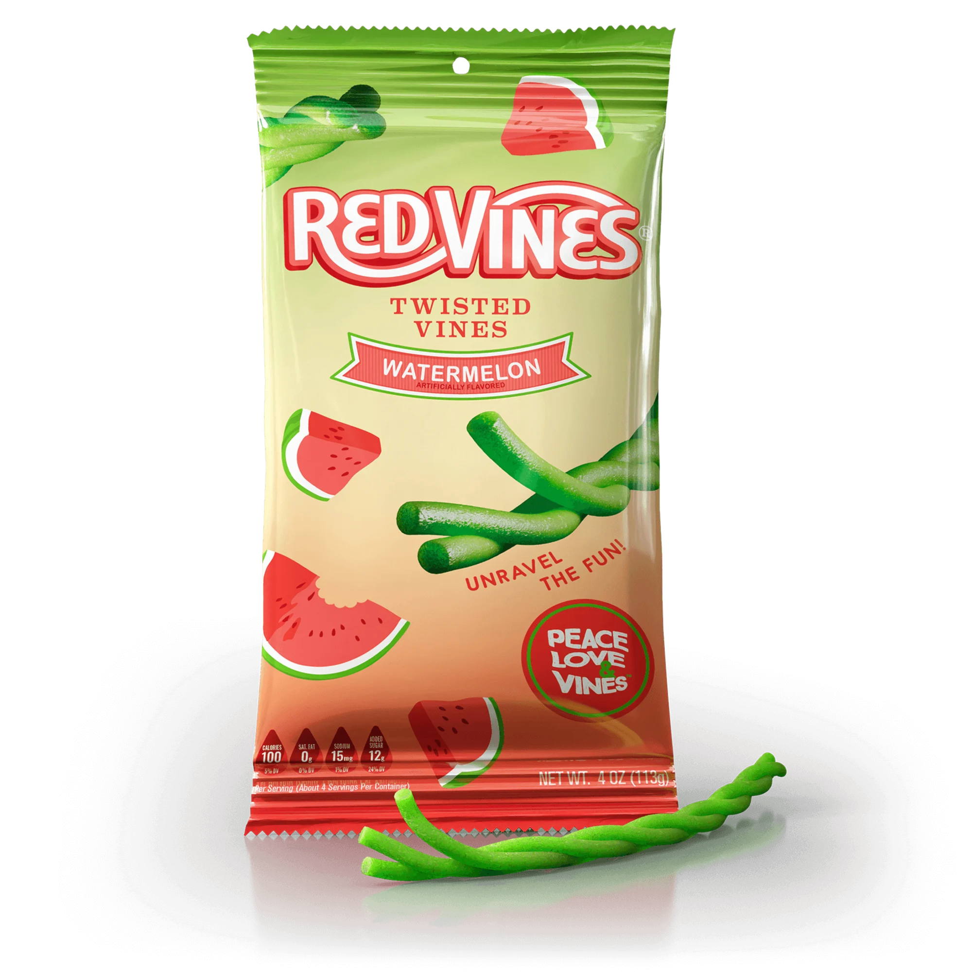 Red Vines Watermelon Twisted Vines 4oz Bag with raw watermelon licorice twists in front