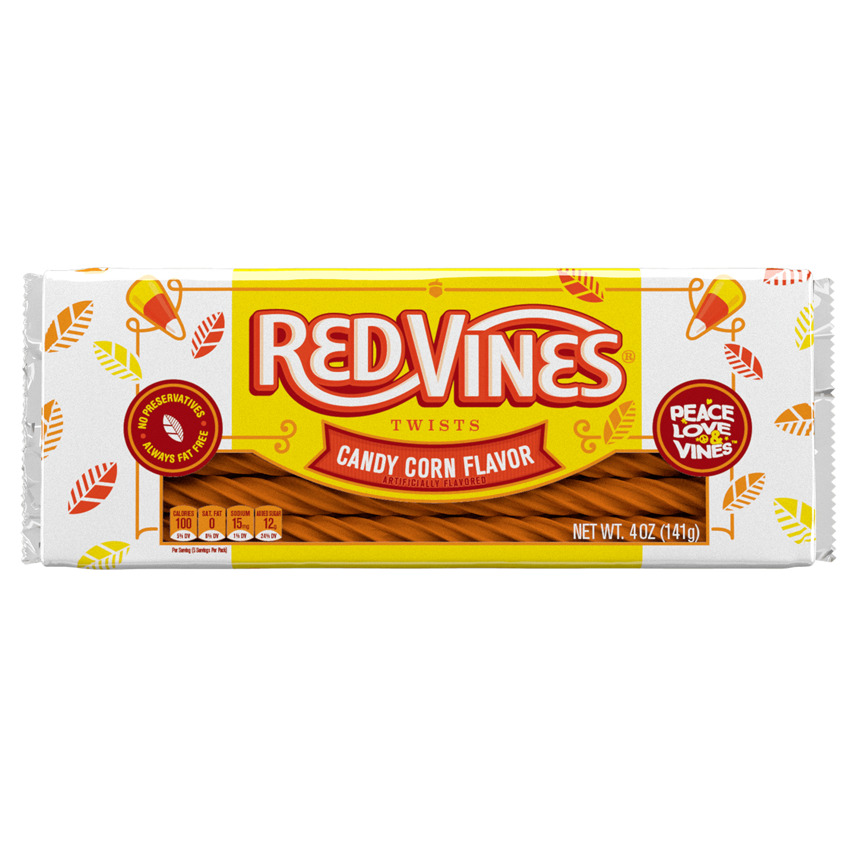 RED VINES Candy Corn Halloween Candy Twists - front of 4oz tray