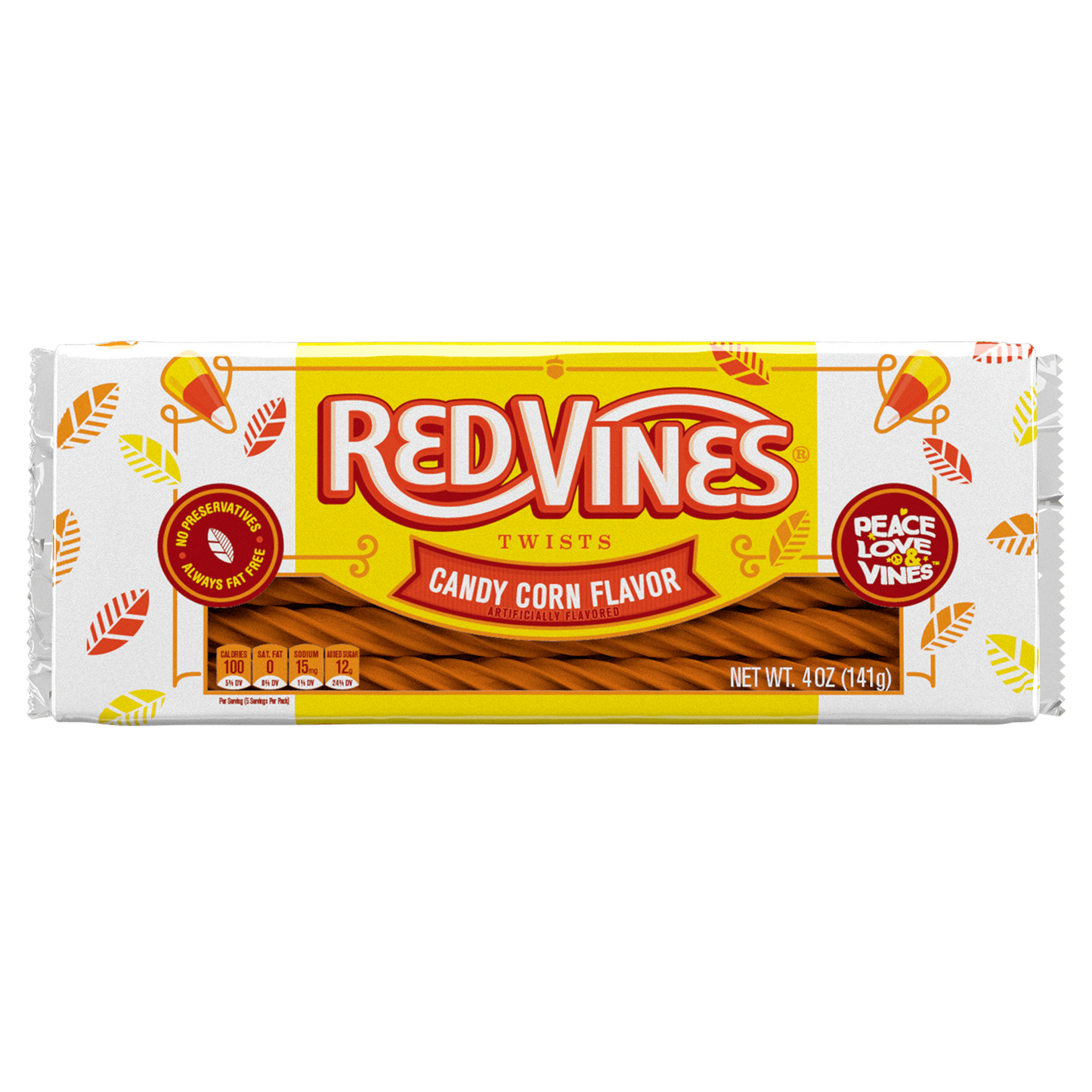 RED VINES Candy Corn Halloween Candy Twists - front of 4oz tray