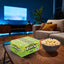 Movie night candy box of 24, Sour Punch Apple Straws on a coffee table with a bowl of popcorn